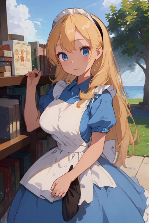 (​masterpiece、top-quality;1.3)、ighly detailed、1girl in、atlibrary、Black Hair Band、Blonde long hair、big breast beauty、Show、a blue dress、White apron