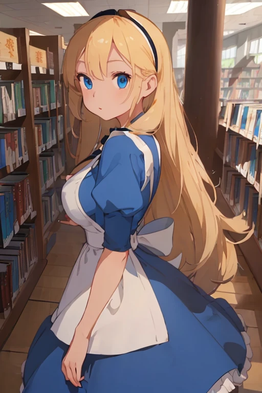 (​masterpiece、top-quality;1.3)、ighly detailed、1girl in、atlibrary、Black Hair Band、Blonde long hair、big breast beauty、Show、a blue dress、White apron