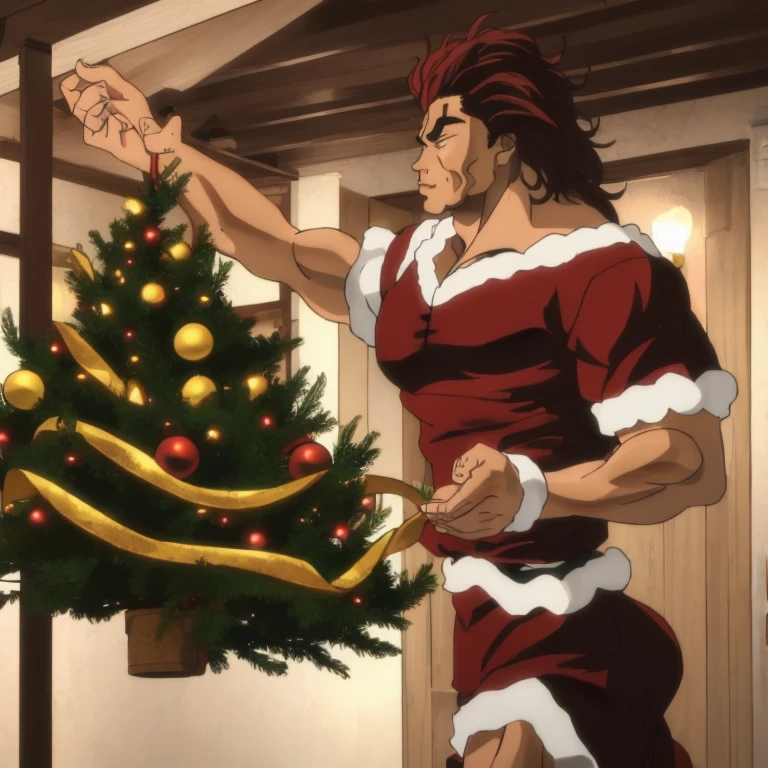 Yujiro Hanma decorating the Christmas tree Santa
