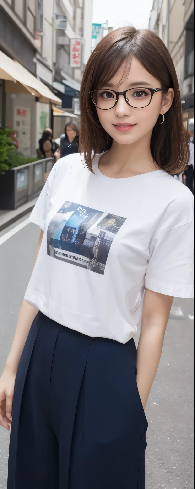 masuterpiece, Best Quality, Illustration, Ultra-detailed, finely detail, hight resolution, 8K Wallpaper, Perfect dynamic composition, from front, Beautiful detailed eyes, Medium Hair, glasses, wearing culottes:1.2, T-shirt, Natural Color Lip, Random and sex- poses,Smile, Aoyama Street Walk, 28 years girl