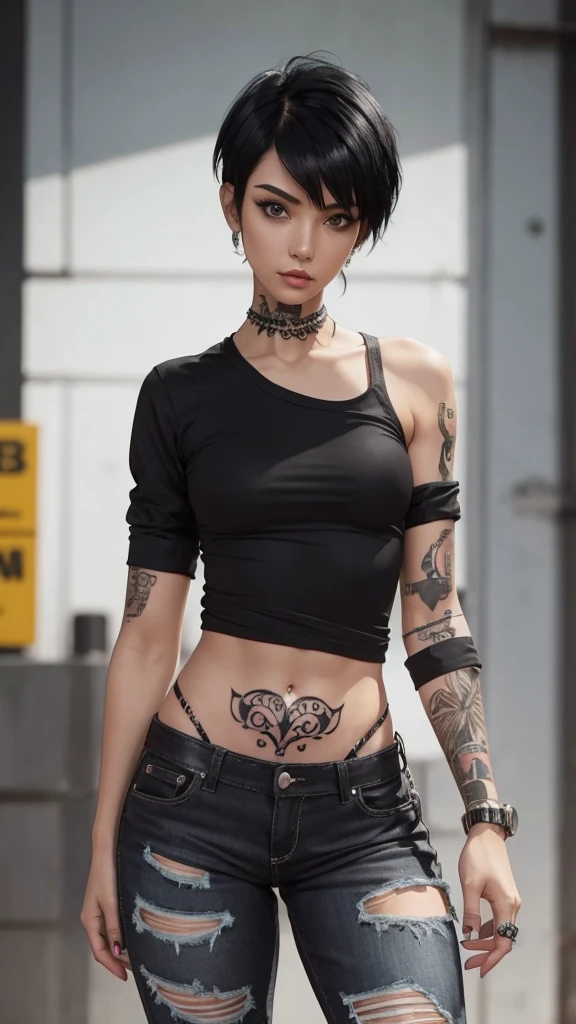 Beautiful girl , slim fit body , short punk style black hair , crop top , tattooed body ,