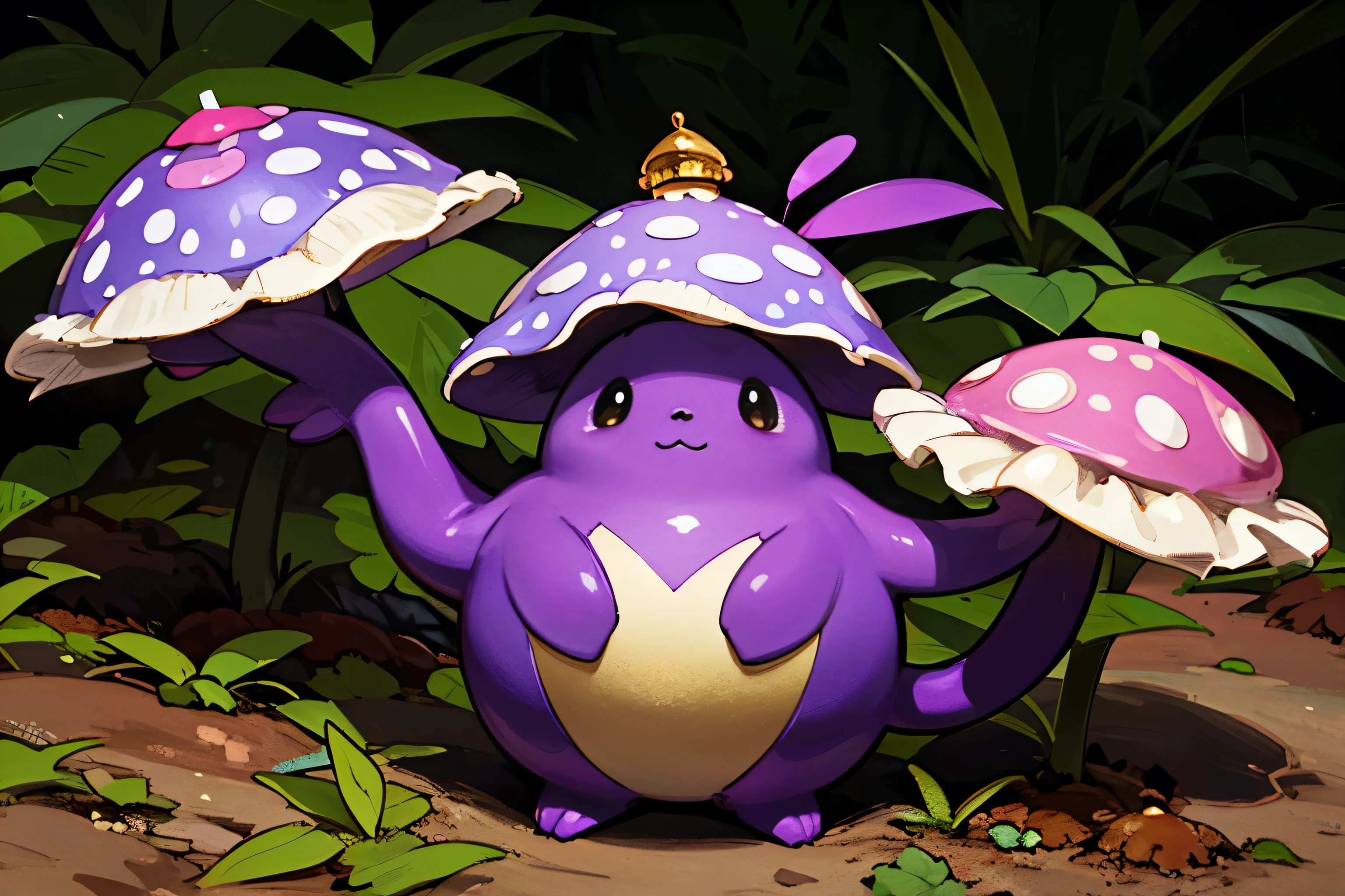 Create a charming illustration of a lovable creature, embodying the whimsical allure of mushrooms with a predominant purple hue. Picture the creature's compact and plump body, adorned with an assortment of mushrooms sprouting from its skin, all in various shades of enchanting purple. Emphasize the mushroom-shaped head, crowned with vibrant fungi that add to its fantastical appearance. Highlight the creature's irresistible charm with big, luminous eyes that gleam with curiosity and warmth, enhancing its endearing nature. Surround the creature with the mystical atmosphere of the forest, where shades of purple dance with the dappled light filtering through the trees. Capture the essence of this delightful creature as it explores its magical surroundings, spreading joy and enchantment wherever it roams.