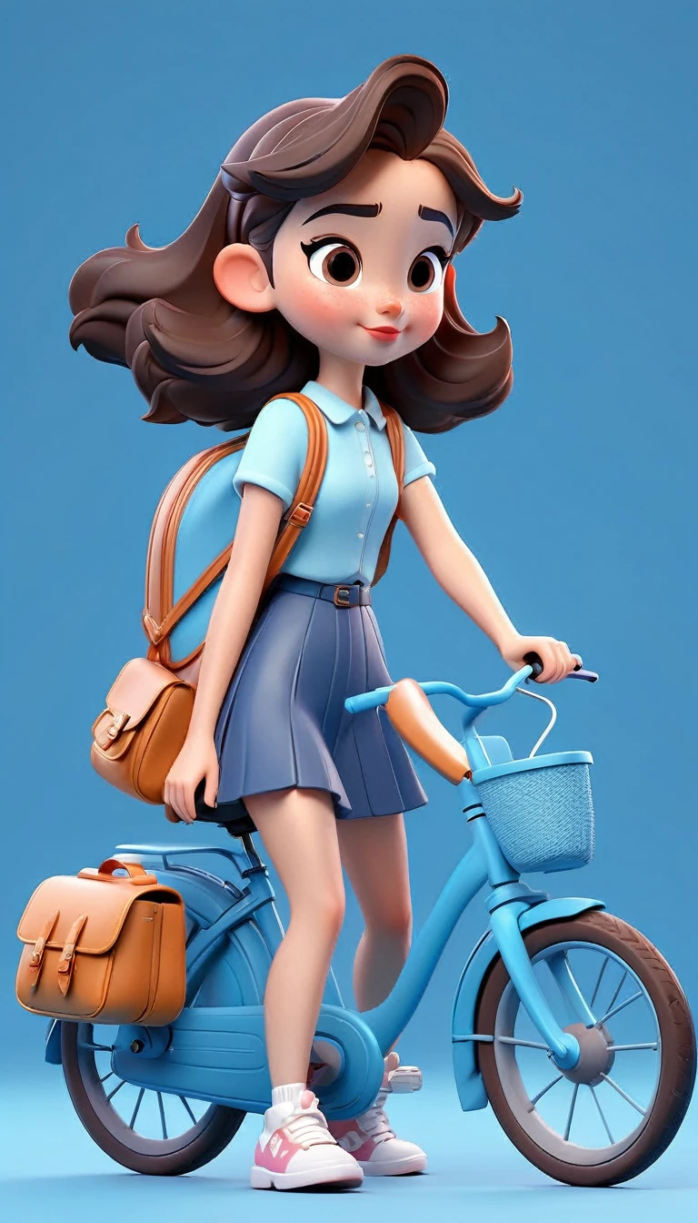 Cute girl with school bag, biking, summer, bright blue minimalist background, Disney style, Pixar style, POPMART Blind Box Cute Style, 3D, C4D Render, OC Render