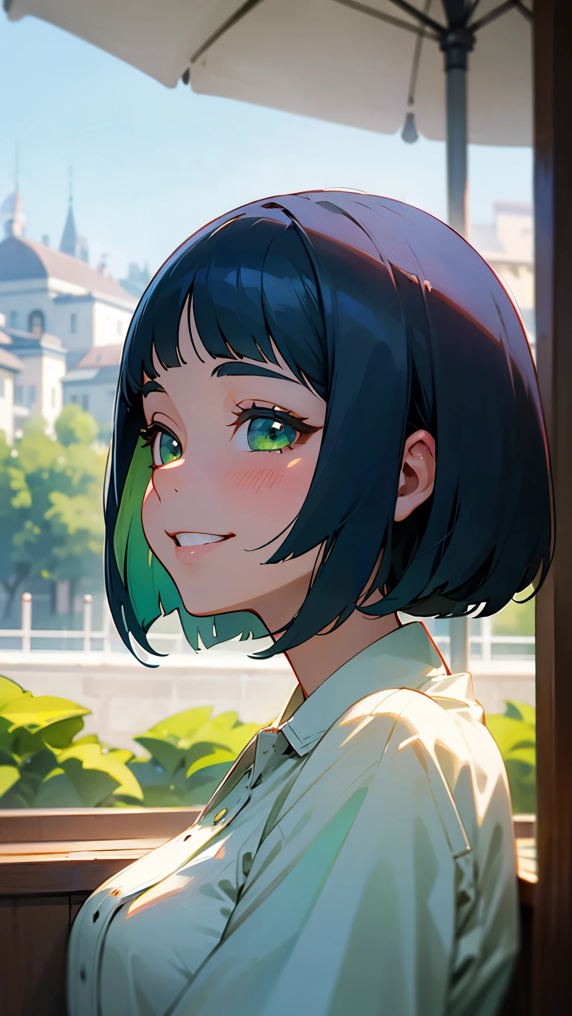1girl、Dark blue hair、Bobcut、Beautiful green eyes、Grin、profile、Upper body close-up、Morning Cafe Terrace、Background blur, Written boundary depth