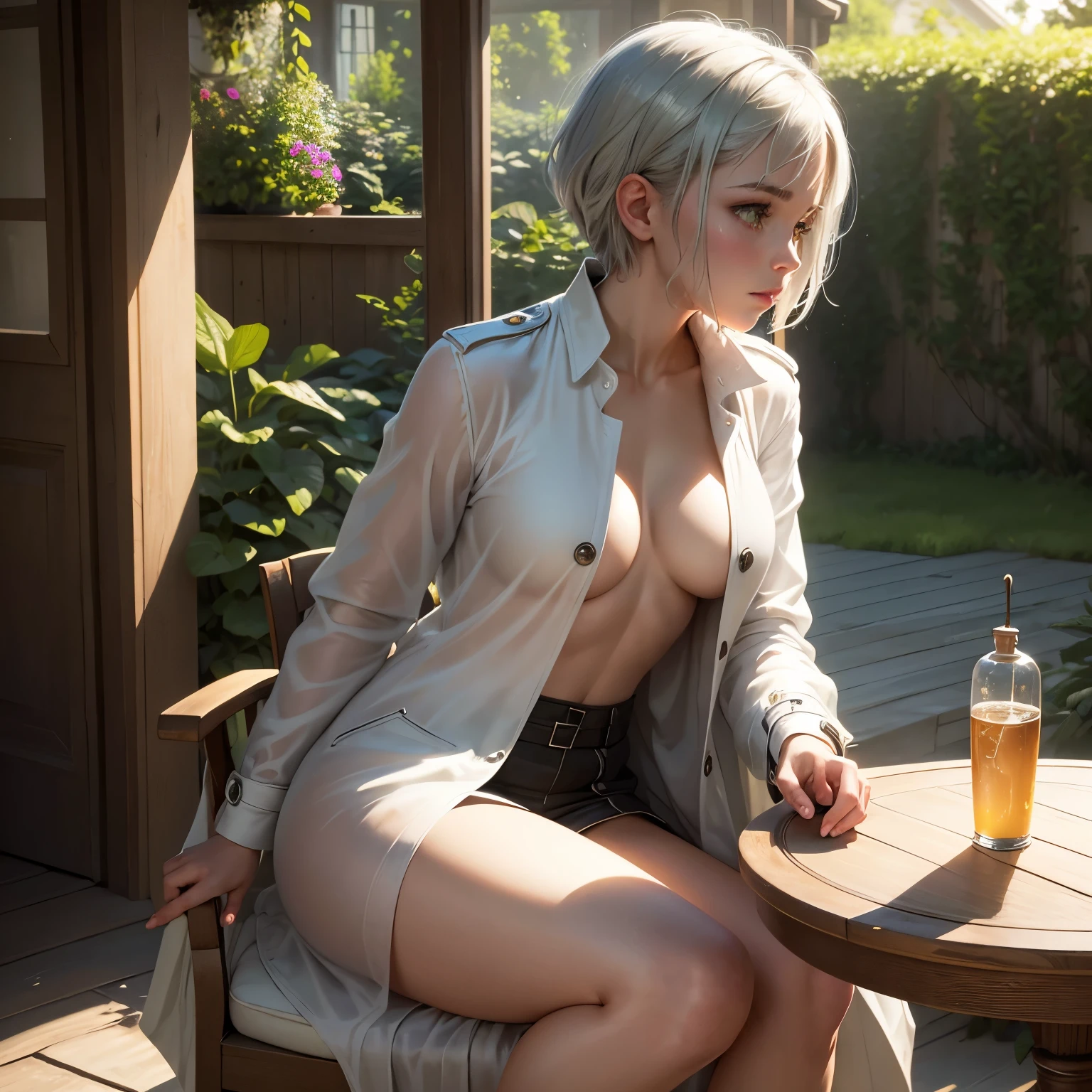 masterpiece, highest quality,Very detailed,Hyper Details, cinematic Light,, One girl, alone, sit, Outdoor, Summer House, sitting in the Summer House, plant, table, chandelier, Candles, Wind, Green Eyes, Pan Green Silver Hair, short hair, Floating Hair, Light, Light frown, profile,View your viewers, dynamic_angle,The see-through happi coat is unbuttoned,nude