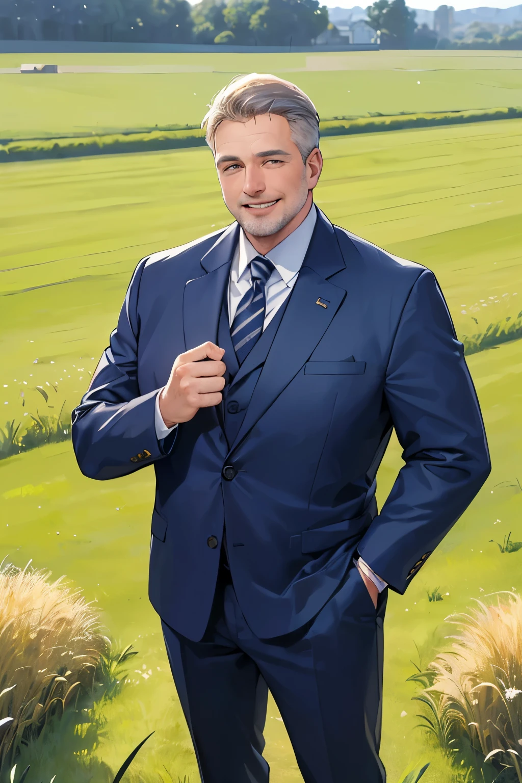 ((best quality)), ((masterpiece)), ((detailed)), (((perfect faces))), (((50yo white man in navy blue suit))), (((standing))), (((overweight:0.8))), (((happy))), (((grass field)))