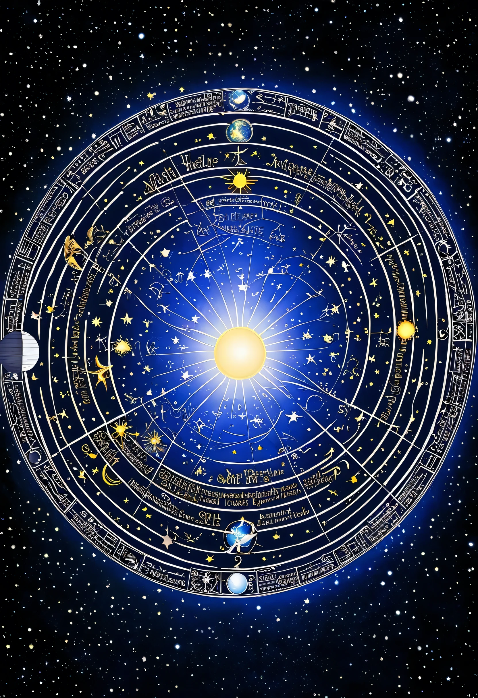 Erstelle mir ein mystisches Bild, das kosmische oder spirituelle Elemente zeigt, wie etwa eine Nachthimmelaufnahme mit Sternen oder mit astrologischen Symbolen.