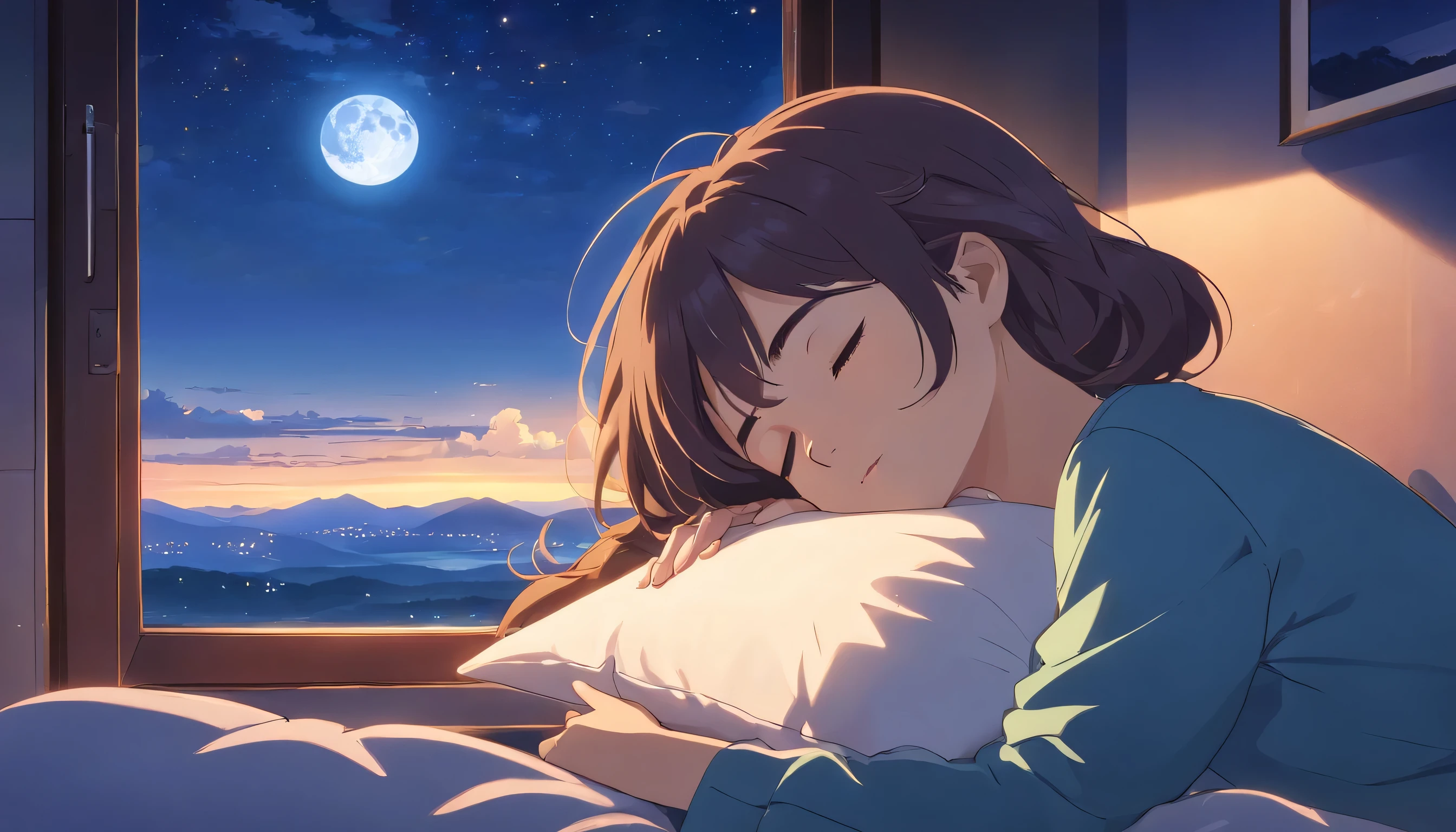 Beautiful woman sleeping on pillow ,window with beautiful view, night sky, star, full moon.