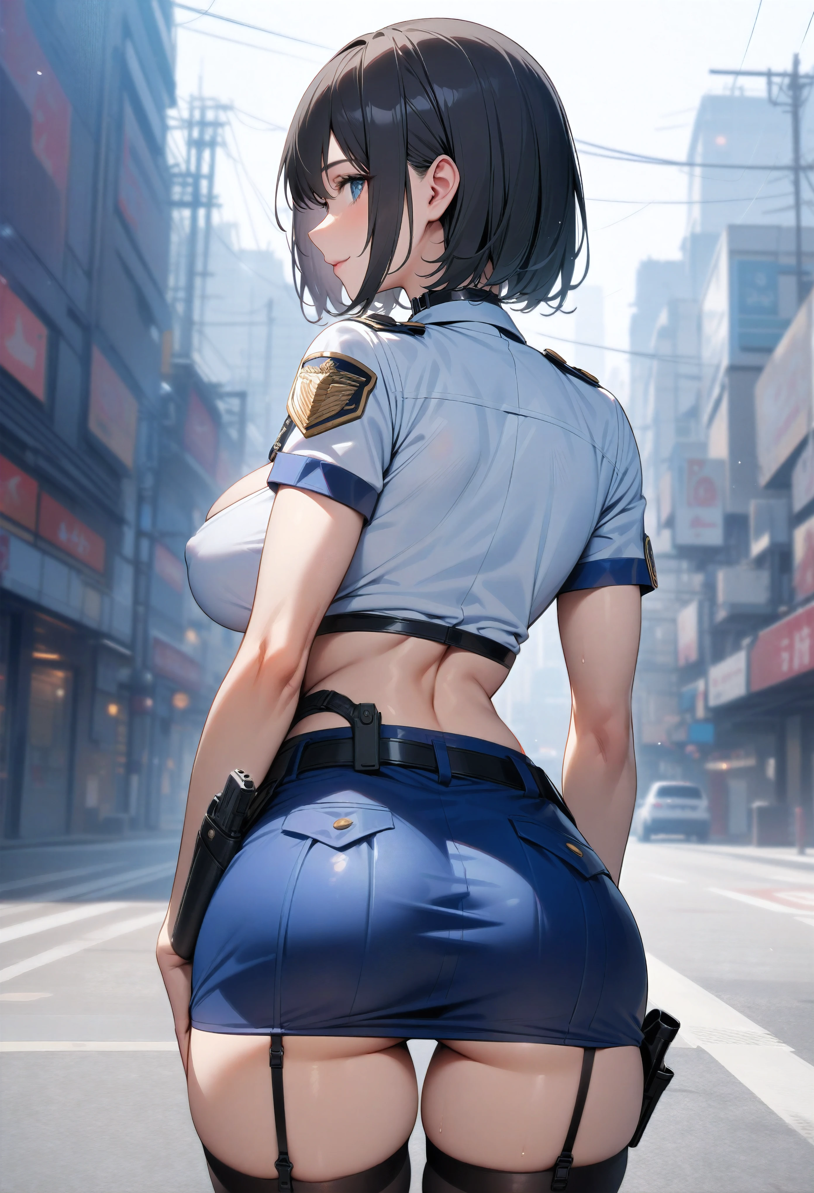 masterpiece, high quality, detailed eyes, 1girl, solo,black medium hair, bobcut, bangs, (large breast1.0), light smile, (muscular:0.5), white police uniform,arm badge, short sleeves, breast pocket, belt, cleavage, Cropped tops, blue short Pencil Skirt, garter strap, black stockings, choker, thigh strap, covered nipple, (from behind:1.8) , (back view:1.2) , (Appearance from behind:1.3) ,sexy , black hair , road background, have a handgun holster in one's skirt , (holster)