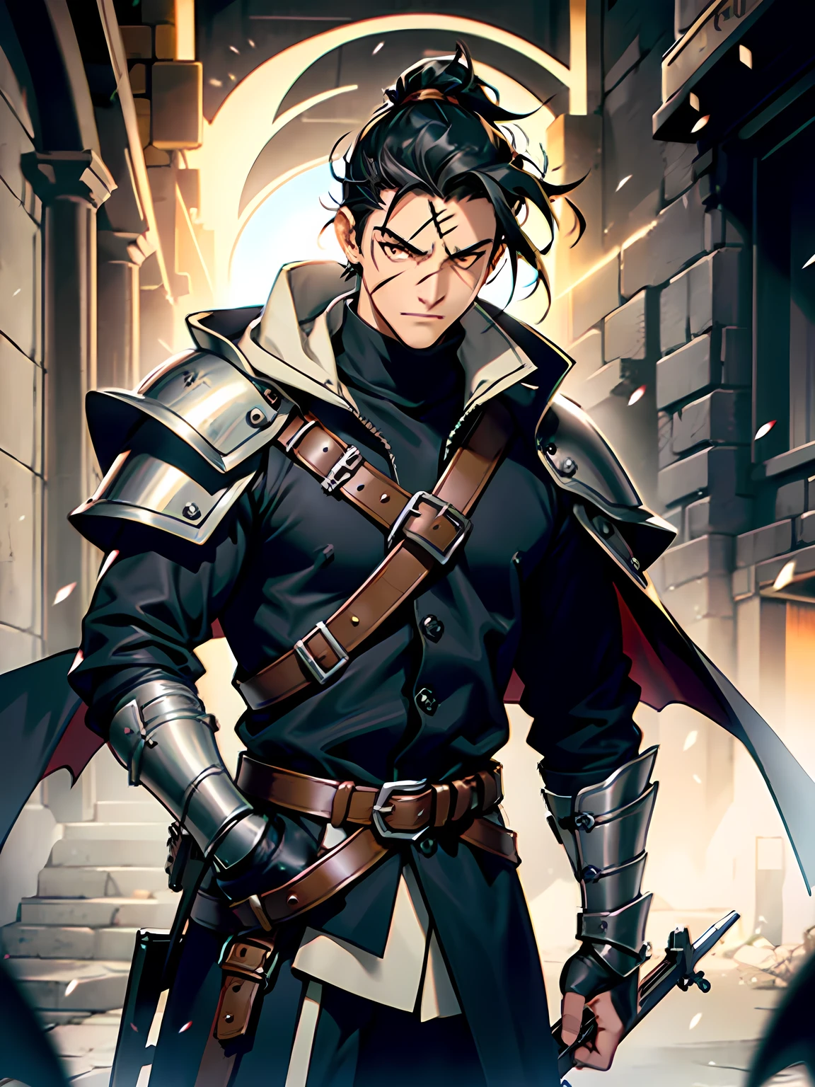 boy, solo, ponytail, black hair in front, medium build, face covering around neck, golden eyes, right eye black, scar on eye going down to cheek, mithral scale mail armor, leather sling holding rifle, demon arm, soft glow on demon arm, coat, coat hood down, medieval, high res, 8k, looking away from viewer, ultra-sharp, fantasy, artillerist artificer, holster on hip, silver armor