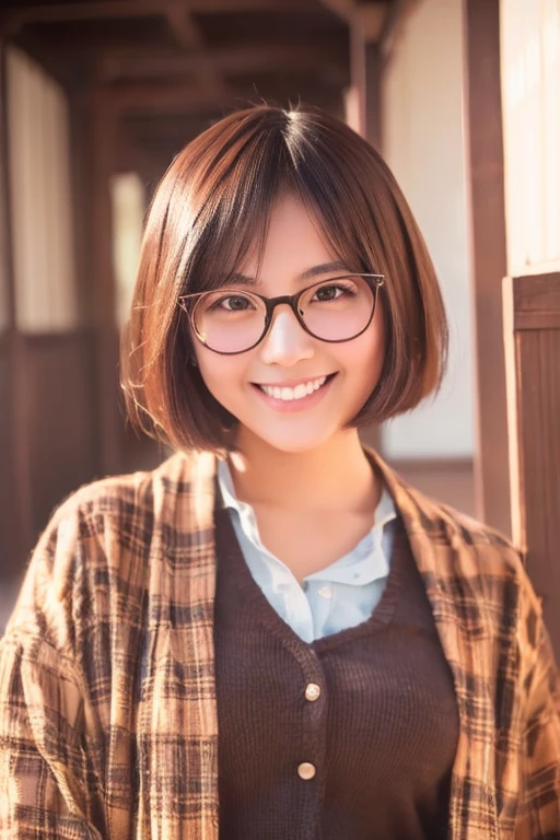 japanese girl,20s,short hair,brown hair,model,cute,smile,glasses