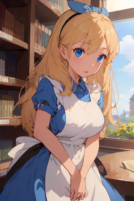 (​masterpiece、top-quality;1.3)、ighly detailed、1girl in、atlibrary、Black Hair Band、Blonde long hair、big breast beauty、Show、a blue dress、White apron