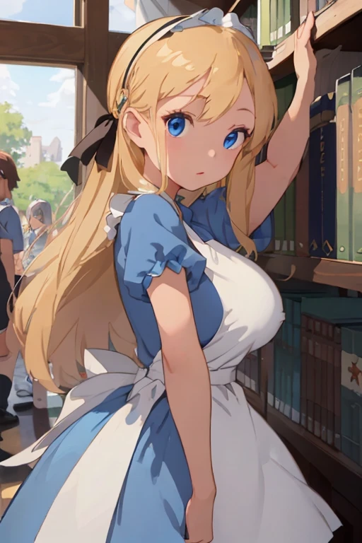 (​masterpiece、top-quality;1.3)、ighly detailed、1girl in、atlibrary、Black Hair Band、Blonde long hair、big breast beauty、Show、a blue dress、White apron