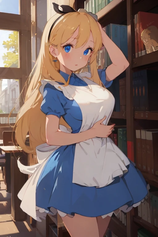 (​masterpiece、top-quality;1.3)、ighly detailed、1girl in、atlibrary、Black Hair Band、Blonde long hair、big breast beauty、Show、a blue dress、White apron