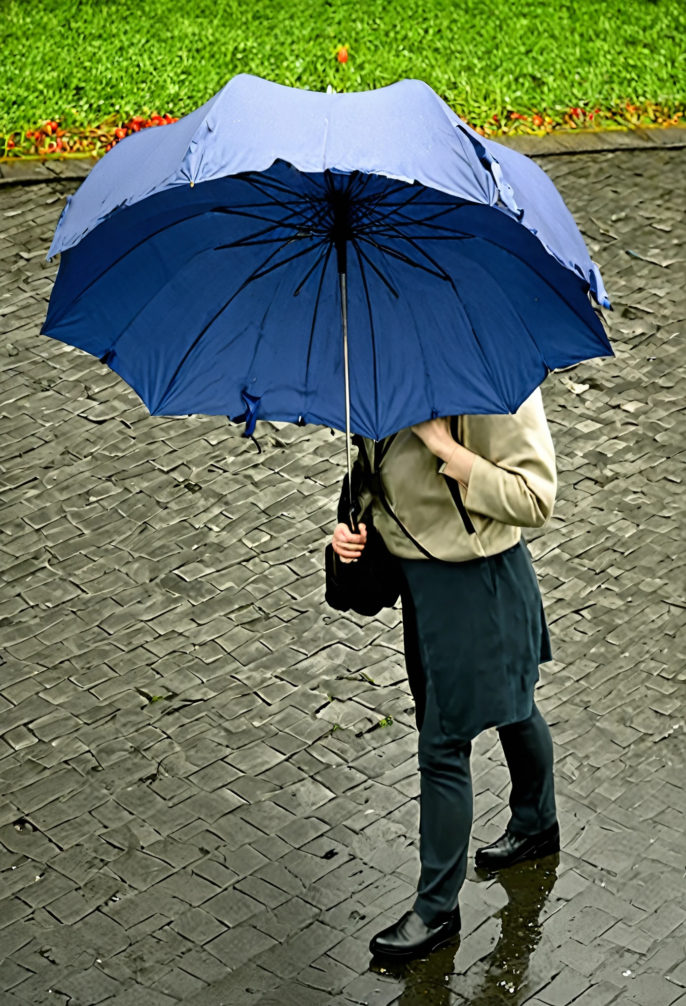 A person holding a broken umbrella