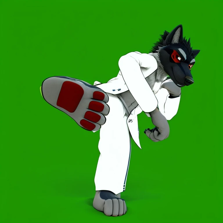 Grey anthro wolf, standing with one feet, kicking air, doing a kick fight pose, wearing white clhlotes, chest exposed, stomach exposed, wearing white pants, arm crossed, head tilted, right feet close to camera, detailed feet paws, hd quality, 4k quality, perfect light, perfect shadow, feet paws close up