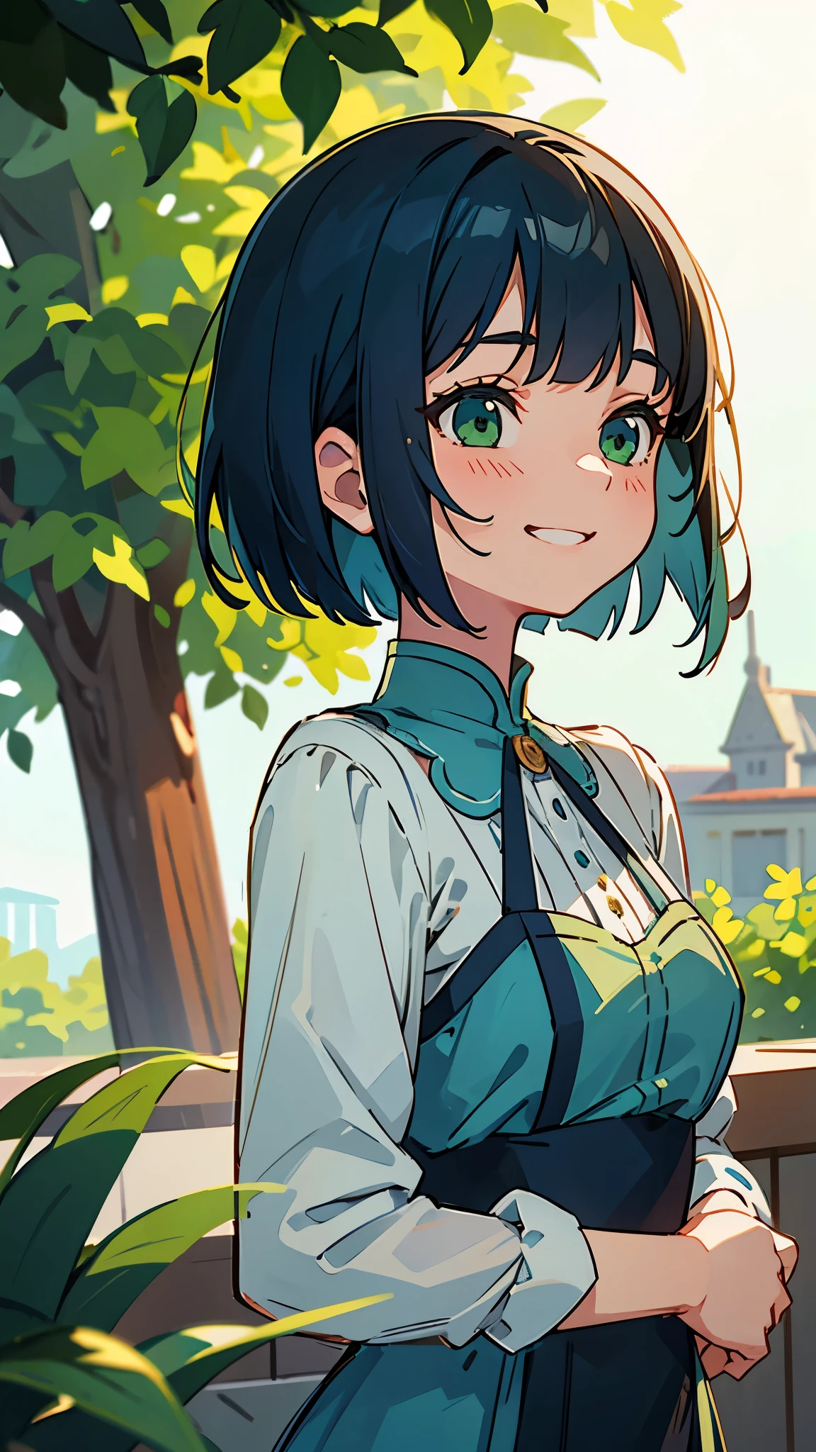 1girl、Dark blue hair、Bobcut、Beautiful green eyes、Grin、profile、Upper body close-up、Morning Cafe Terrace、Background blur, Written boundary depth