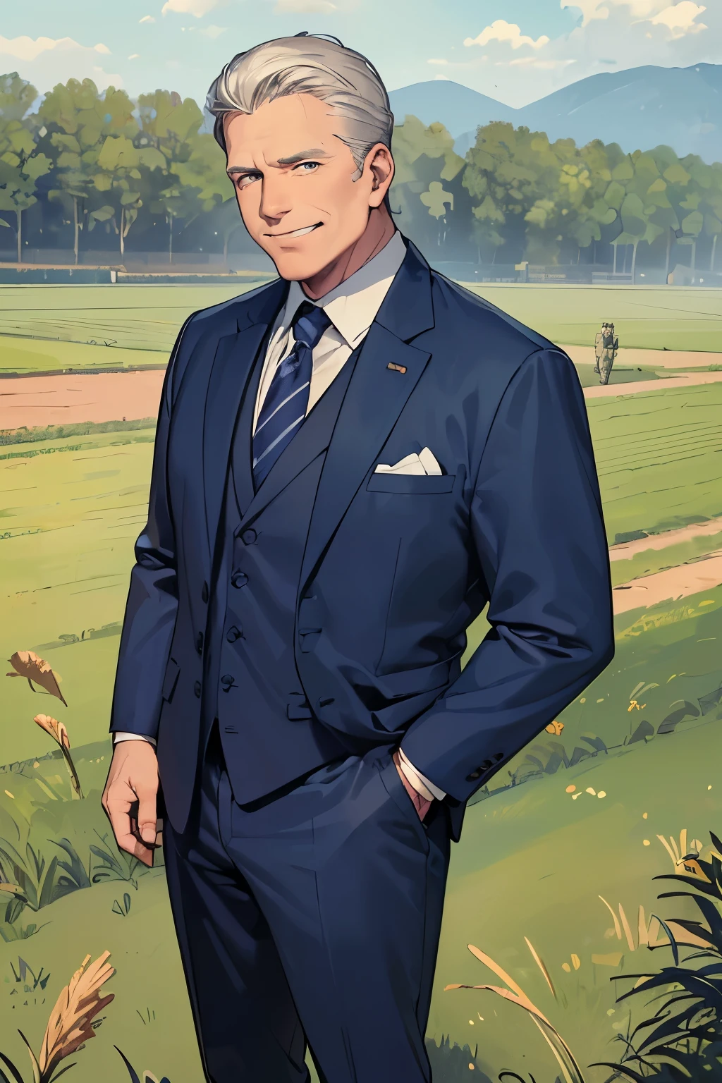 ((best quality)), ((masterpiece)), ((detailed)), (((perfect faces))), (((50yo white man in navy blue suit))), (((standing))), (((overweight:0.8))), (((smirking))), (((grass field)))