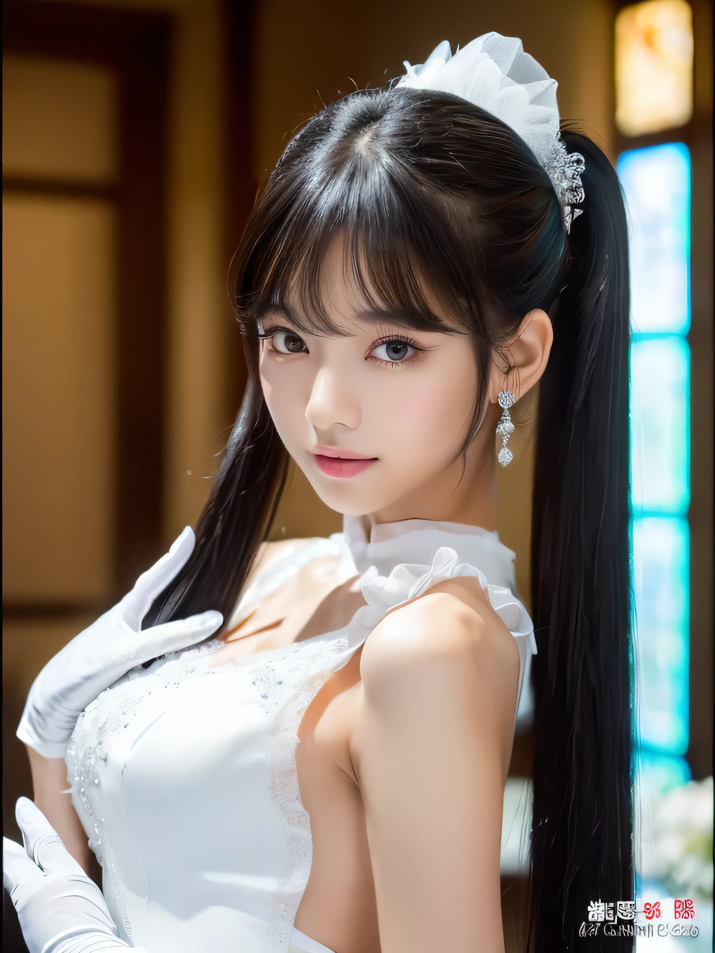(Turn your whole body to the viewer:1.5) (Perfect Face Her face is slim and dignified..., length, Narrow eyes..々Solo photo of 24 year old, The most attractive woman in Japan with a beautiful face) (she looks at the viewer with a very seductive expression.) ((Her Deep Black hair is incredibly voluminous, Very heavy、Unusually straight, Very shiny、Silky.、Reaches the buttocks、とんでもなく長いAbsurdly extra extreme Long twintails or long ponytail Very thick, Deep Black, Bristles. very long:1.3、Extremely long pigtails or long ponytails :1.3 Black hair)) ((Hairstyle: Extremely long pigtails or long ponytails)) ((highest quality)), ((masterpiece)), (Familiar) (Get used to it) (Her skin is a typical Japanese skin color....、Very detailed) (Big Breasts) (she has a beautiful face with a slender figure., Narrow eyes.) (She has well-groomed full bangs and blunt bangs.:1.4) (she has perfect sexy makeup Lipstick is light red Black eyeliner) (She is leaning forward and standing facing the viewer.:1.3) ((Rich 1.4)) (Extremely detailed 8K) (Stable Diffusion Model) (Ultra-fine skin texture 1.4) (Actual, Vibrant:1.4), double eyelid Sharp focus:1.2、Beautiful woman:1.4 Dynamic Lighting (Genuine RAW photos taken by professional photographers) Professionally lit from the front ((This is a church with stained glass.. bride in white Wedding dress and gloves standing in front of mirror, dressed beautiful gown, Wedding dress, wearing organza gown, wearing a Wedding dress, Wear a voile dress, white gown, white regal gown, gown, beautiful gown, beautiful Wedding dress, Tulle and lace, white!!, beautiful and elegant, white gloves, ground!, white royal dress, white satin gloves)) (she'Perfect tiara)