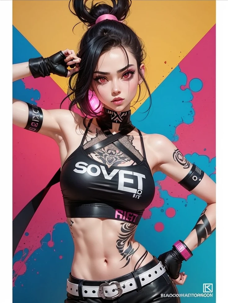   Beautiful girl , slim fit body ,    tied black hair with pink lines, crop top , tattooed body , pink eyes 