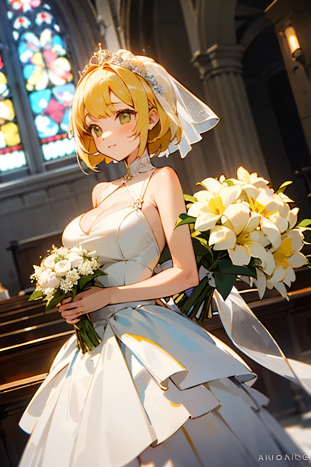 Young girl, short, yellow, straight hair, wedding dress, church, big breasts, whole body, cute, best quality, baby face, animation, bouquet