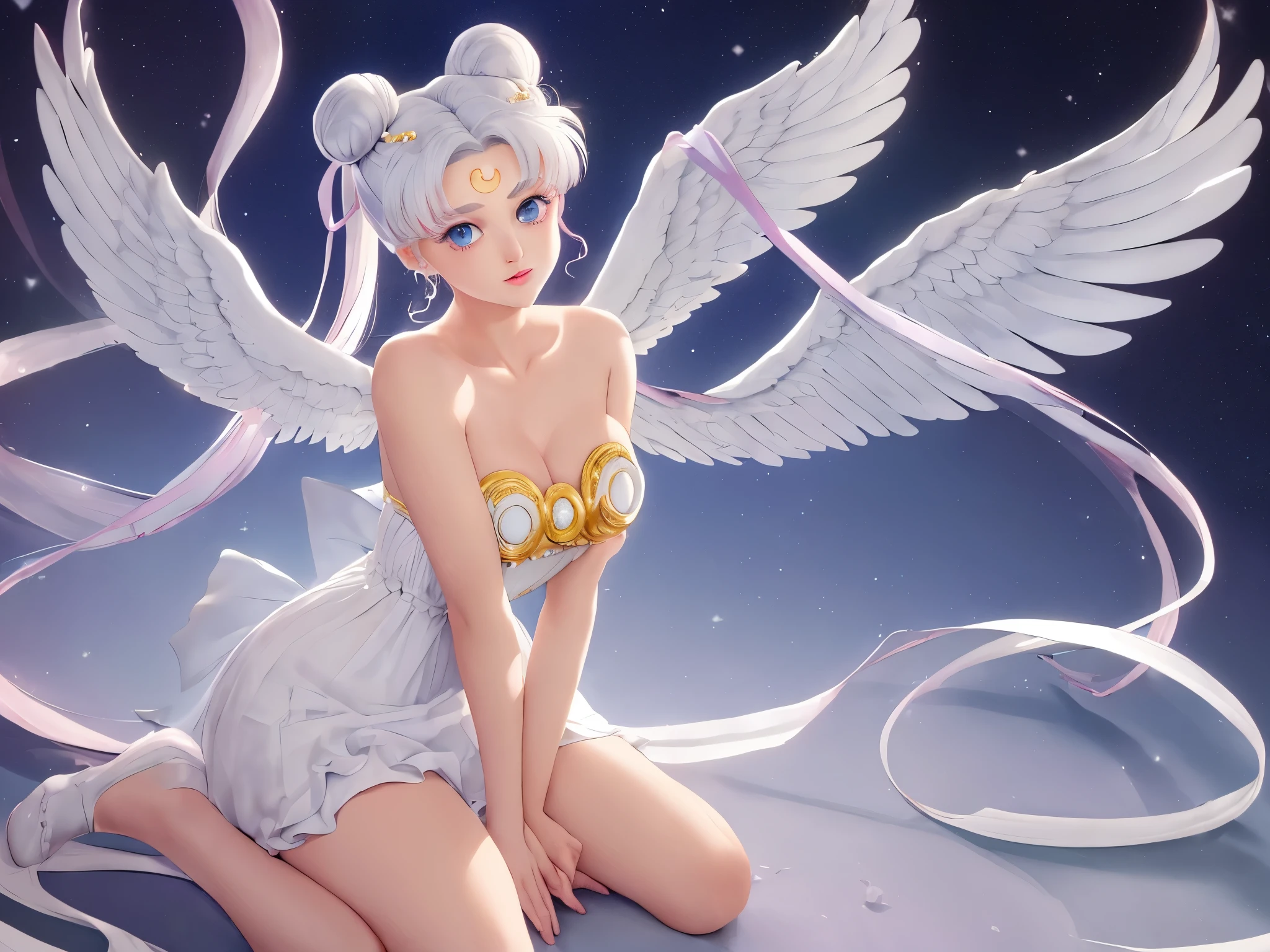 masterpiece, best quality, 1girl, solo, princessserenity, white hair, hair ornament, forehead mark, white dress, sitting, beautiful, inspired by Sailor Moon, an retro anime image, anime cels, inspired by Naoko Takeuchi, classic shoujo, 1990s anime, 80s anime ova style, retro anime girl, (sparkling big eyes, long ribbon in hair, white wings on back), (soft pastel colors), (bright and dreamy lighting