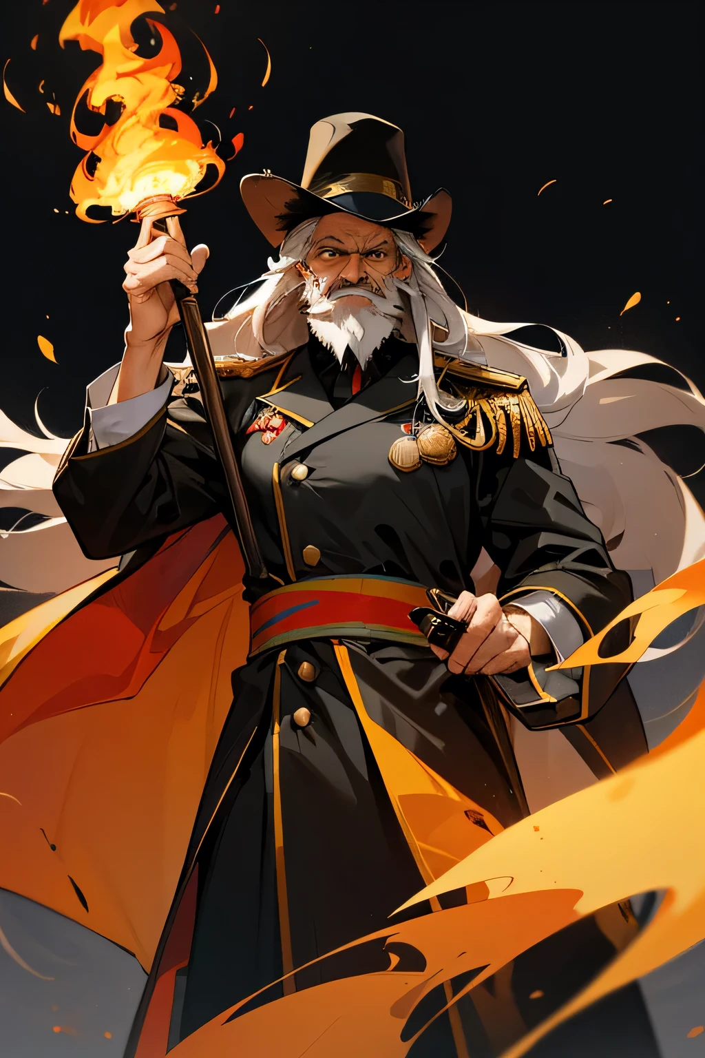 Old man, unkempt hair, long beard, hair covering side of face, black brimmed hat, flaming torch, holding up torch, standing, flaming staff, formal clothes, military clothes, 19th century military dress, medals, epaulettes, sash with medals, portrait