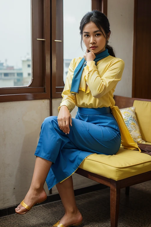 cb bank staff burmese traditional style girl uniform ,that is fit and elegant yellow blouse ,air hostess style blue scarf and blue longyi which is long to the ankles reality from head to feet