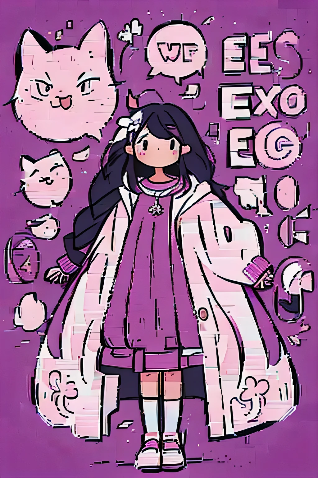 A poster,A girl,A young girl wearing a purple and white dress,One-sided braid,visual impact,Second Dimension,Gentle wind,Black hair,Pink cherry blossoms,avatar,Simple white background,Photo Booth