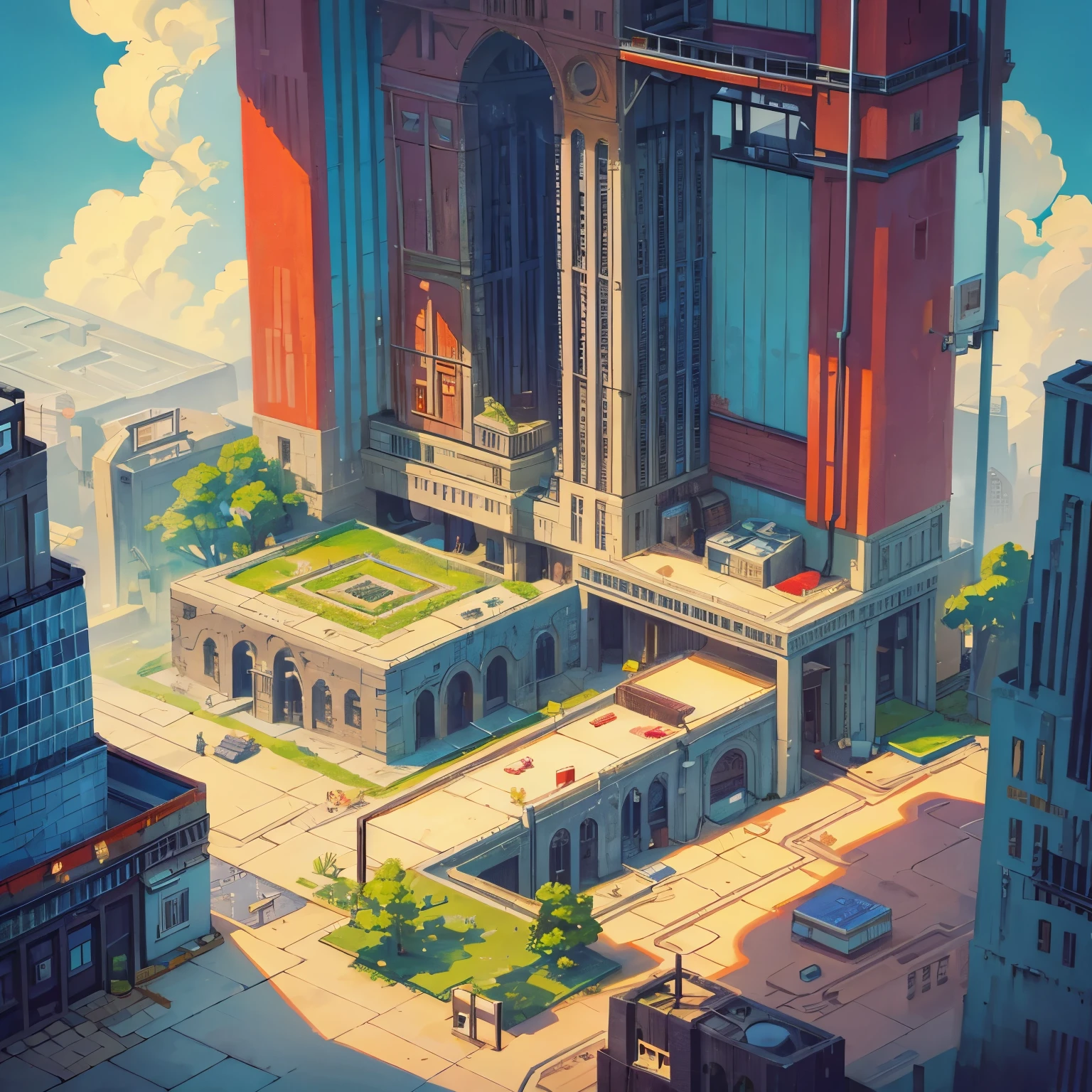 pixel art, down town, retro, warm, tiny city model, top view, cute, isotropic, game, underground, cloud, maze, factory