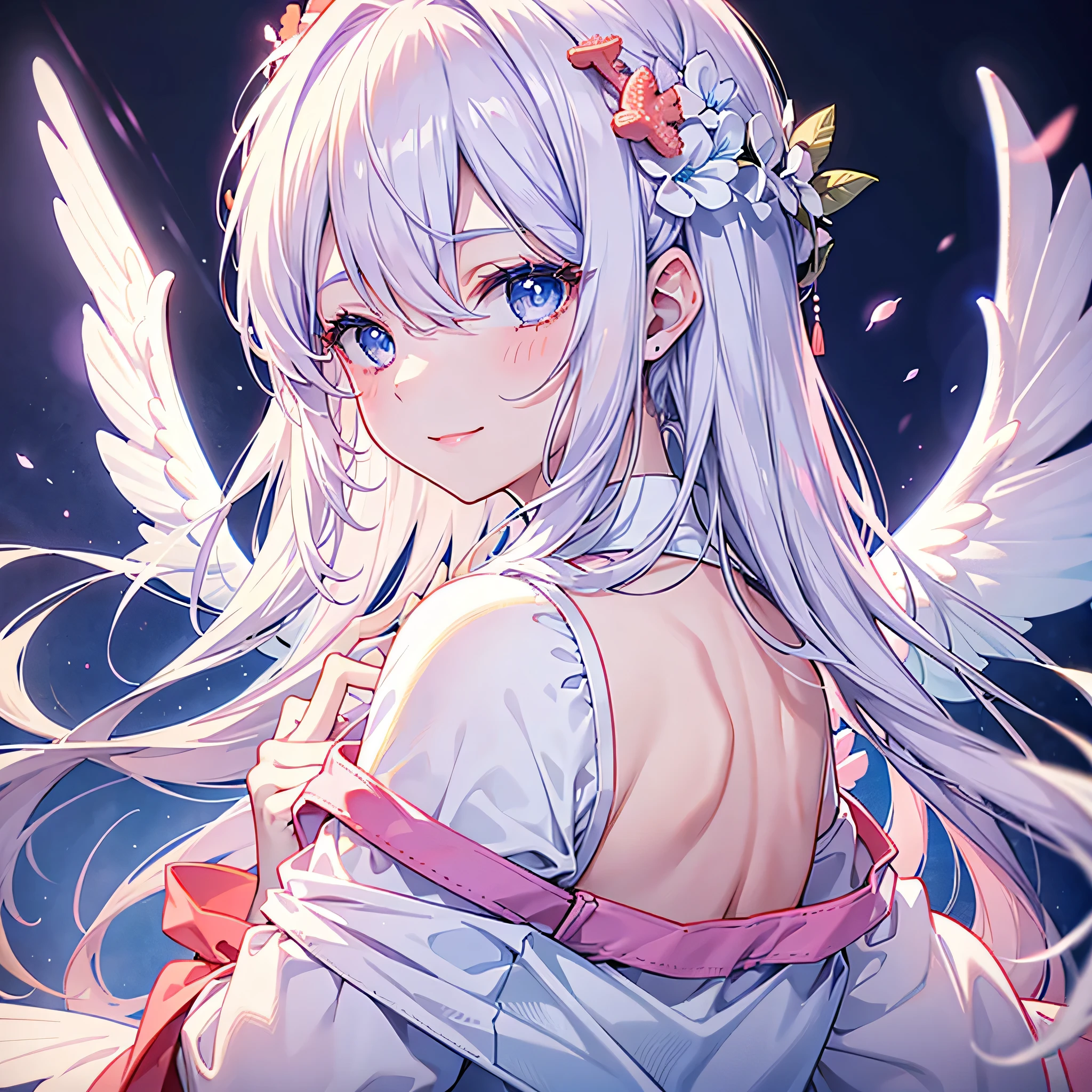alone, Beautiful woman with long white hair and blue eyes、20-year-old、Profile close-up、Place index finger on lips、smile、Coral colored lipstick、Angel wings on the back、White Dress、Lavender cardigan、Coral Wallpaper