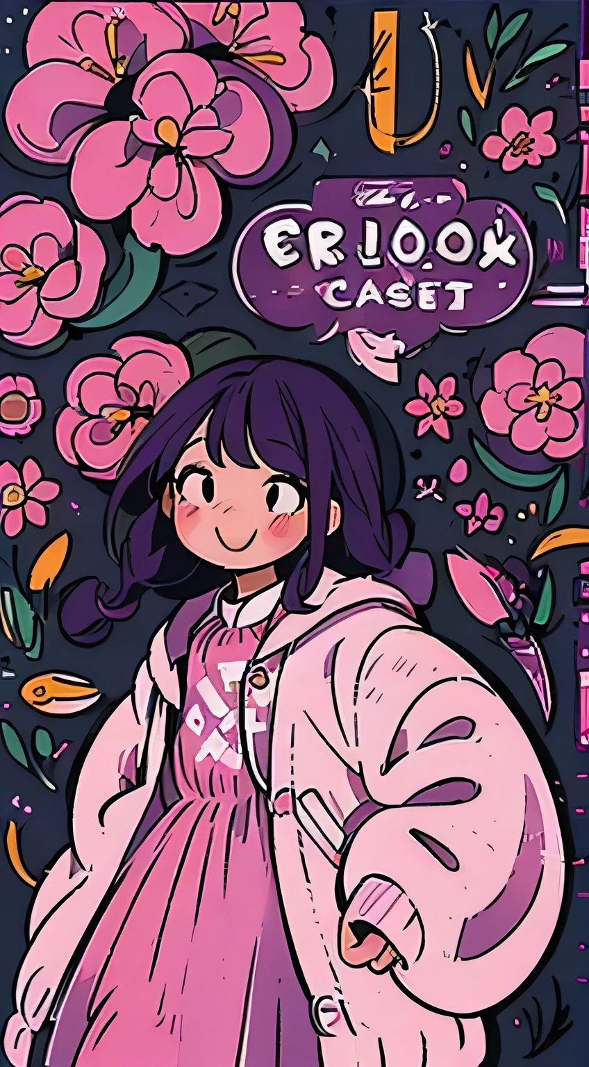 A poster,A girl,A young girl wearing a purple and white dress,Head down,Wearing a braid,visual impact,Second Dimension,Gentle wind,Black hair,skirt,Pink cherry blossoms,Smile and look at the camera