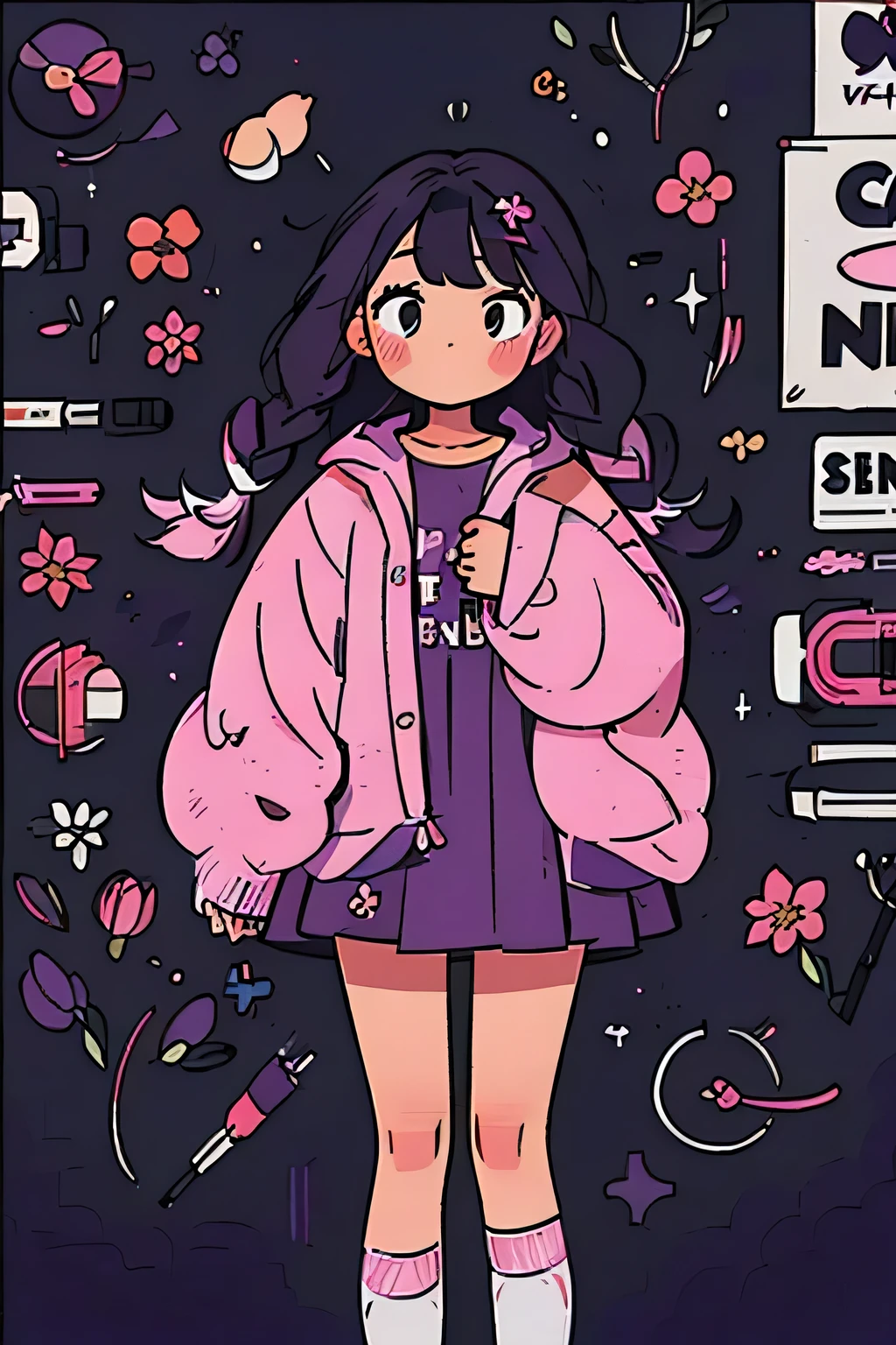 A poster,A girl,A young girl wearing a purple and white dress,Head down,Wearing a braid,visual impact,Second Dimension,Gentle wind,Black hair,skirt,Pink cherry blossoms,Head down