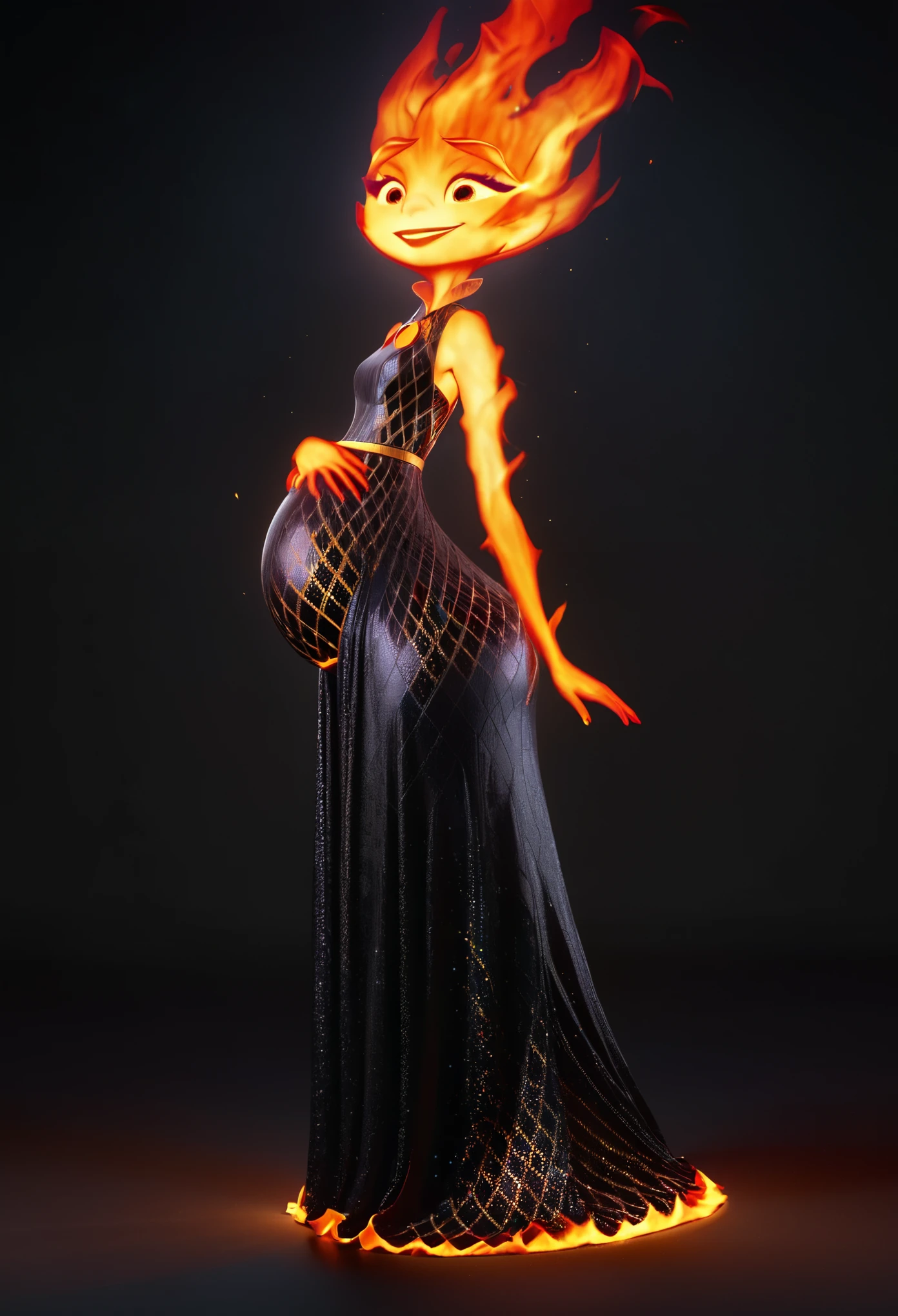 character concept art, ember lumen is pregnant, short height ember lumen, small character, ember lumen stands sideways to the view, pregnant belly in dress, happy face, view from the side, fire girl ember lumen, black plain background, masterpiece vfx, perfect 3d render, octane 3d render, cinematic cgi