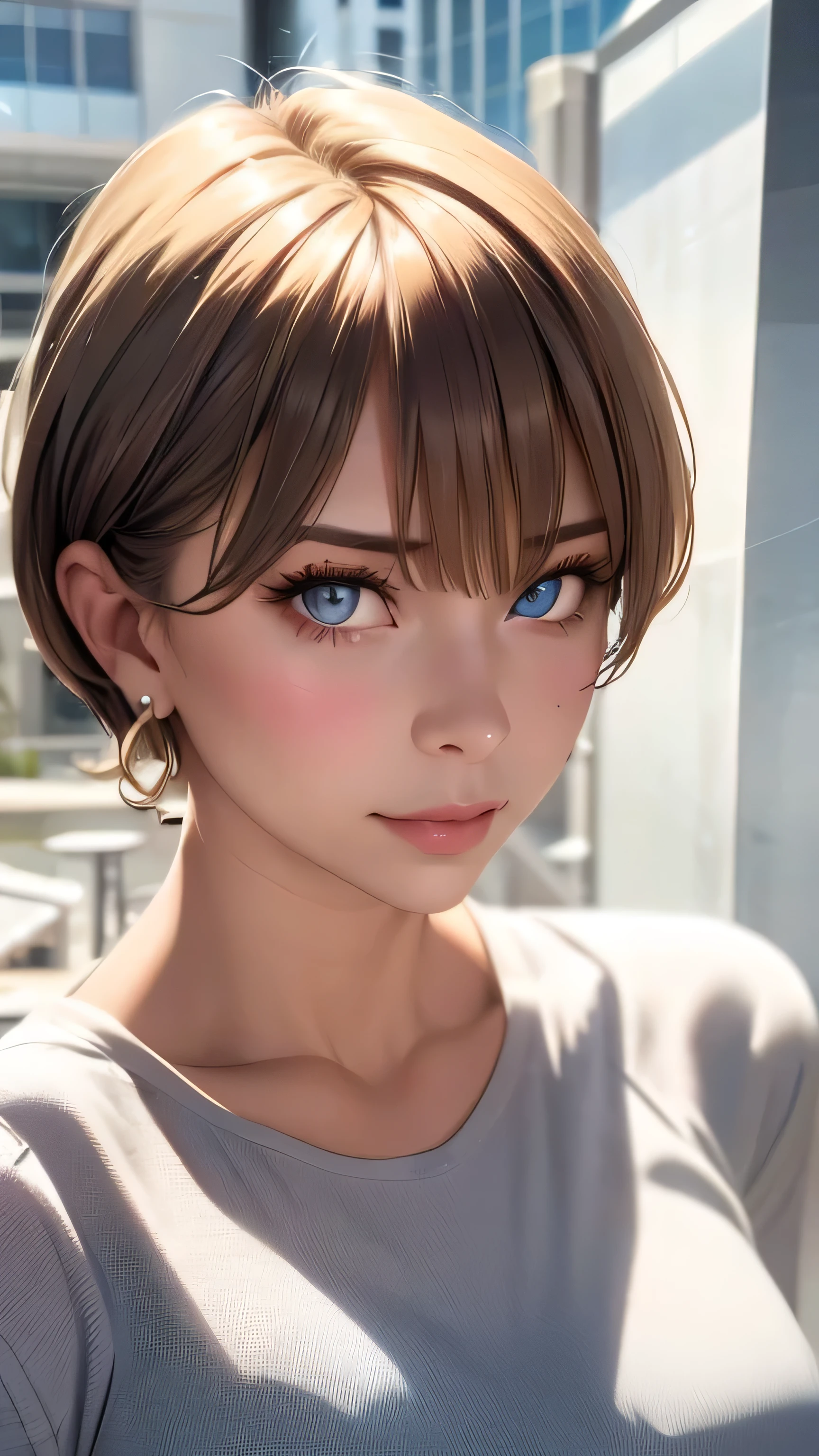 (Realistic, High resolution), Detailed face, short hair, Beautiful Eyes, Pronounced cheekbones, Fuller lips, Perfect Skin, Modern Hairstyles, Stylish clothing, Confident expression, Natural light, whole body
