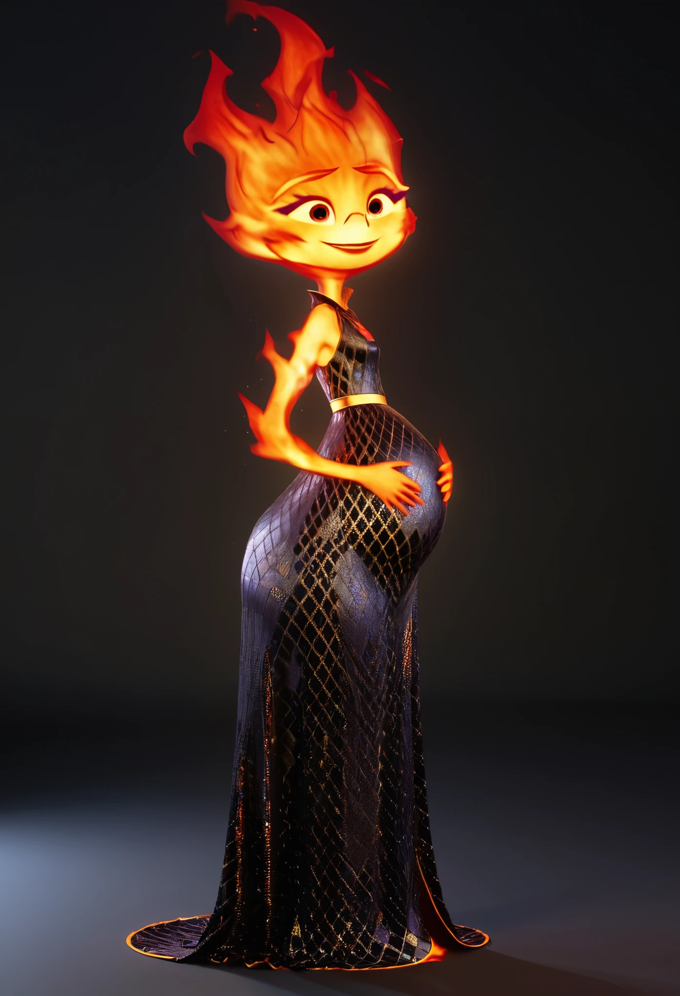 character concept art, ember lumen is pregnant, short height ember lumen, small character, ember lumen stands sideways to the view, pregnant belly in dress, happy face, view from the side, fire girl ember lumen, black plain background, masterpiece vfx, perfect 3d render, octane 3d render, cinematic cgi