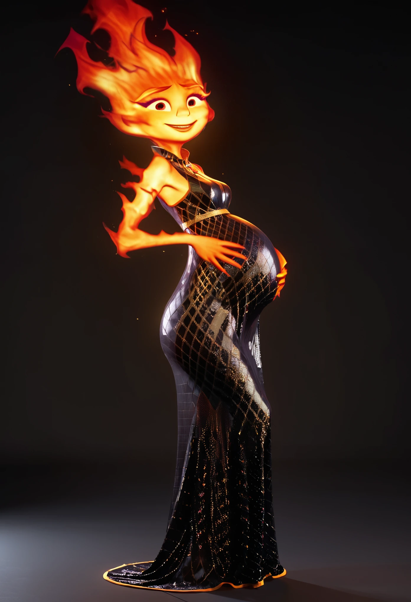 character concept art, ember lumen is pregnant, ember lumen stands sideways to the view, pregnant belly in dress, happy face, view from the side, fire girl ember lumen, black plain background, masterpiece vfx, perfect 3d render, octane 3d render, cinematic cgi