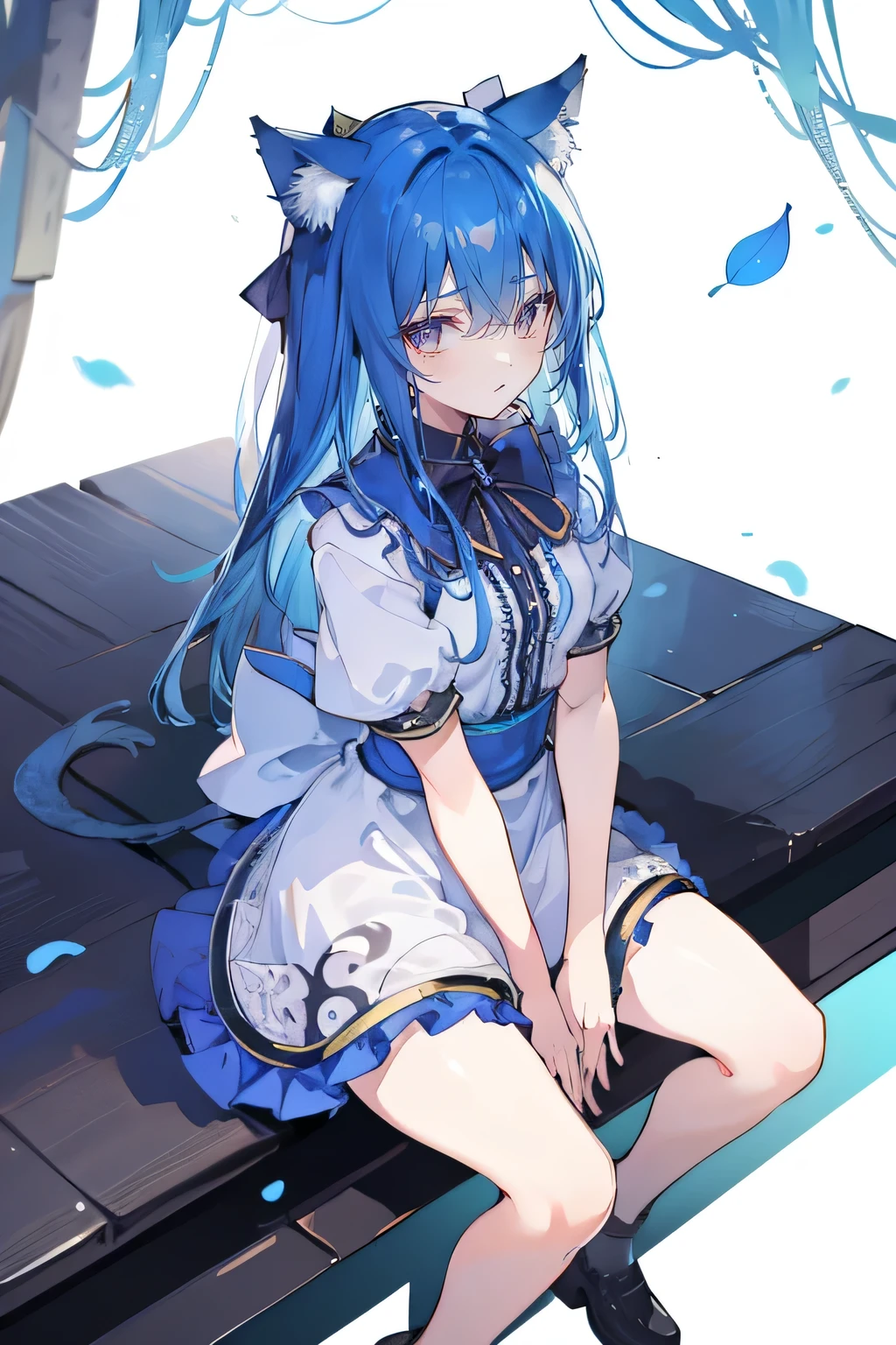(masterpiece:1.2),ultra-detailed,realistic,expressive eyes,fair-skinned,perfectly shaped face,1girl,
Japanese cartoons,Gorgeous blue hair, flowing blue hair,floating clothes,cat ears,petals falling,beautiful Lola,Hina Angel,
hands on waist,gracefully sitting on the ground,legs crossed,gentle and serene background,cool and comfortable pavilion,shy face ,night .