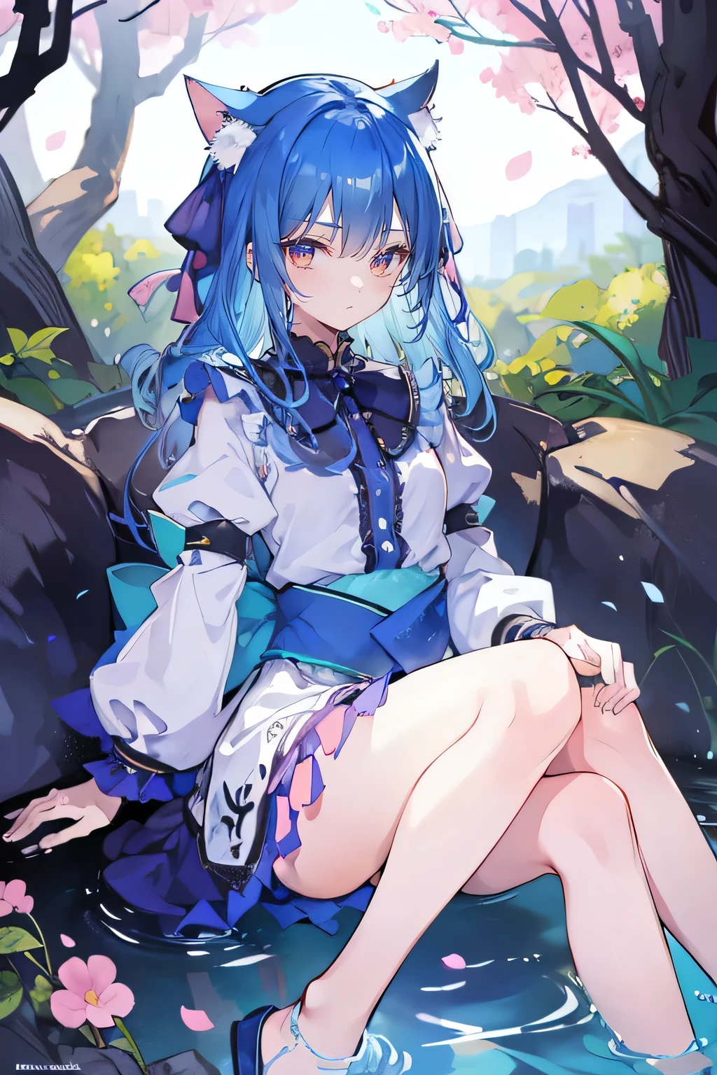 (masterpiece:1.2),ultra-detailed,realistic,expressive eyes,fair-skinned,perfectly shaped face,1girl,
Japanese cartoons,Gorgeous blue hair, flowing blue hair,floating clothes,cat ears,petals falling,beautiful Lola,Hina Angel,
hands on waist,gracefully sitting on the ground,legs crossed,gentle and serene background,cool and comfortable pavilion,shy face ,night .