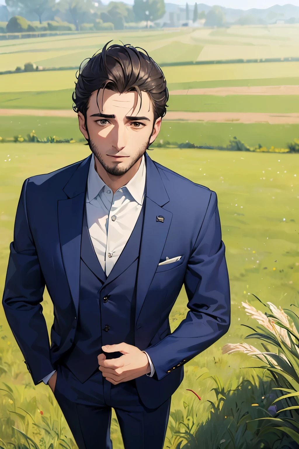 ((best quality)), ((masterpiece)), ((detailed)), (((perfect faces))), (((30yo spanish man in navy blue suit))), (((standing))), (((surprised))), (((grass field)))