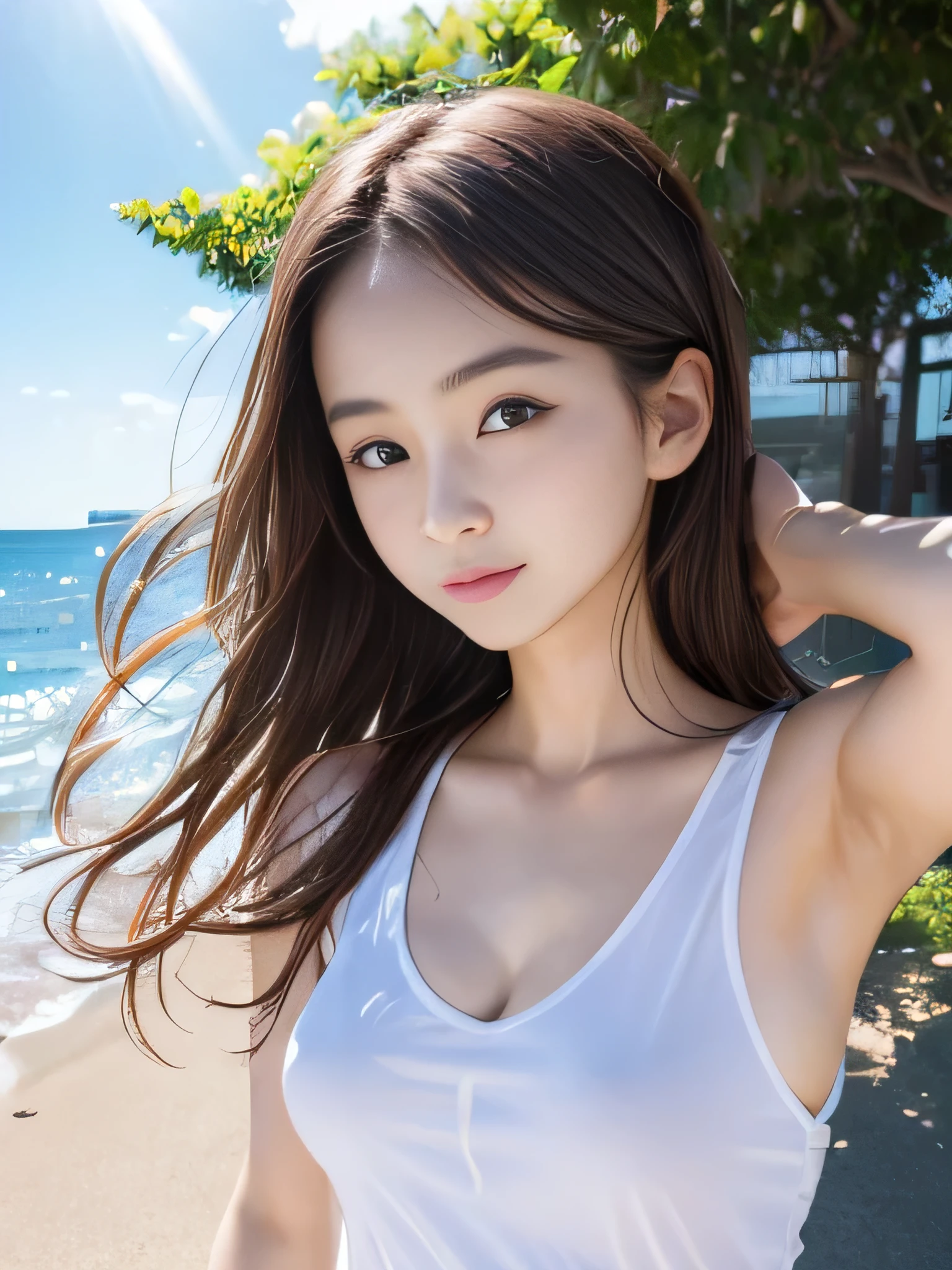 Strong sunlight in summer、Full body portrait、Lying on the shore、High school girl looking at the sea、Wearing a uniform、Model Girl、cute、Big Eyes、Adorable face、Hair fluttering in the wind、barefoot、