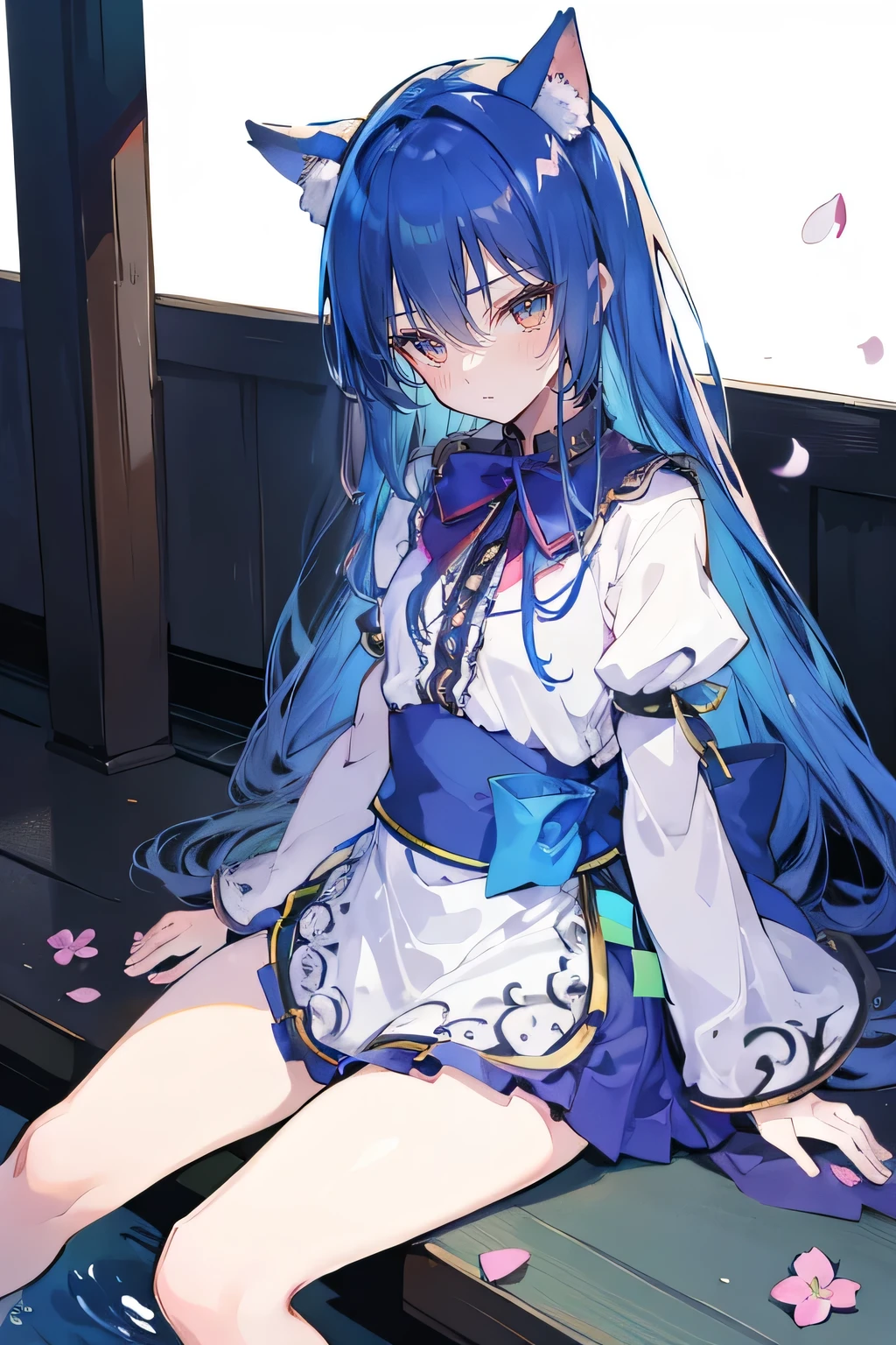 (masterpiece:1.2),ultra-detailed,realistic,expressive eyes,fair-skinned,perfectly shaped face,1girl,
Japanese cartoons,Gorgeous blue hair, flowing blue hair,floating clothes,cat ears,petals falling,beautiful Lola,Hina Angel,
hands on waist,gracefully sitting on the ground,legs crossed,gentle and serene background,cool and comfortable pavilion,shy face ,night .