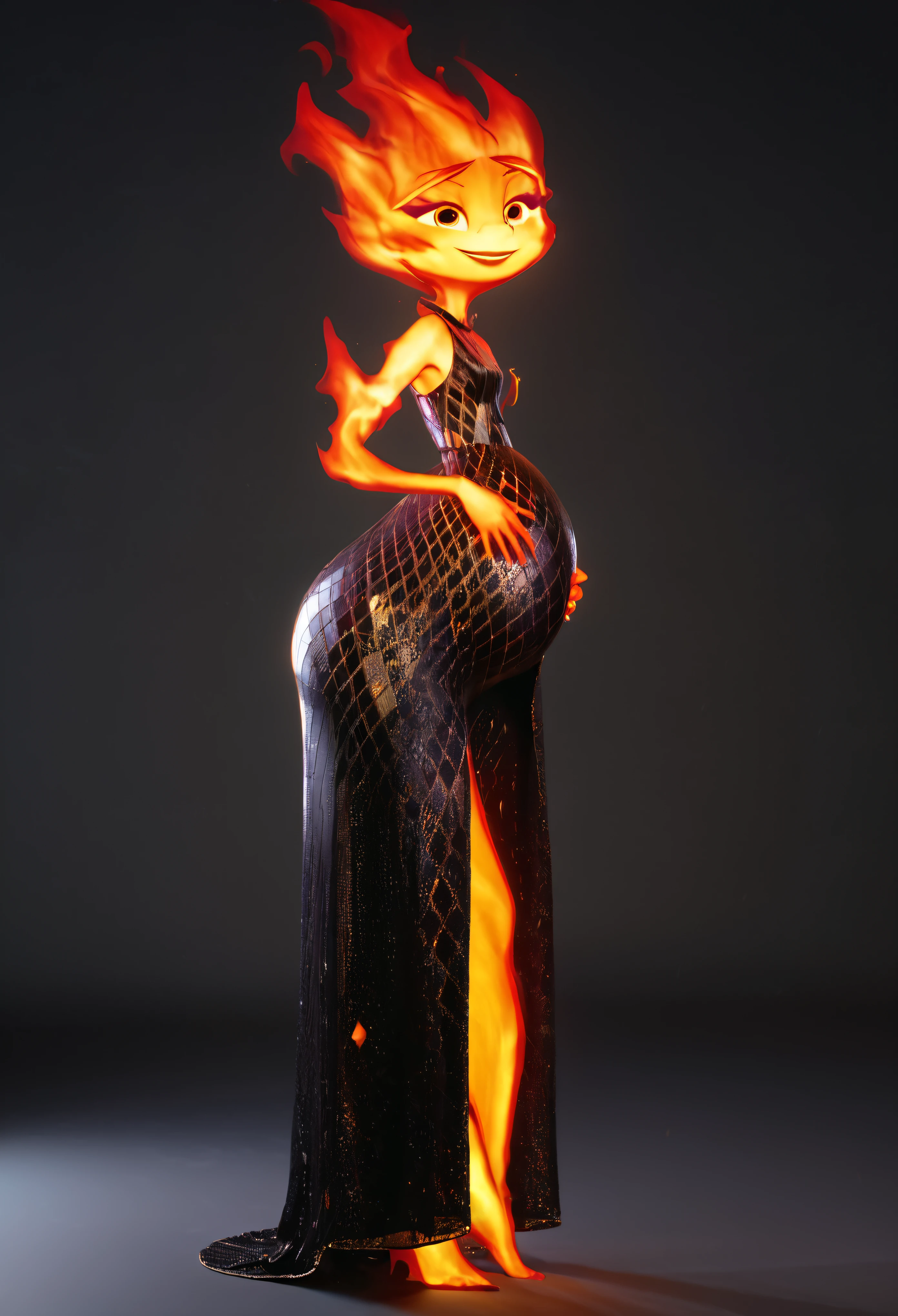 character concept art, ember lumen is pregnant, short height ember lumen, small character, ember lumen stands sideways to the view, pregnant belly in dress, happy face, view from the side, fire girl ember lumen, black plain background, masterpiece vfx, perfect 3d render, octane 3d render, cinematic cgi