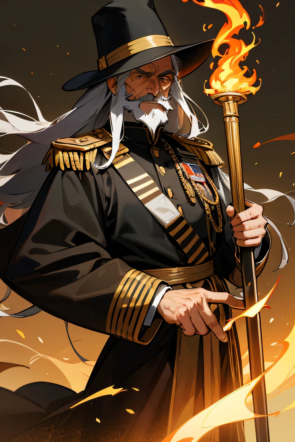 Old man, unkempt hair, long beard, hair covering side of face, black brimmed hat, flaming torch, holding up torch, standing, flaming staff, golden staff, formal clothes, military clothes, 19th century military dress, medals, epaulettes, sash with medals, decorated general, portrait