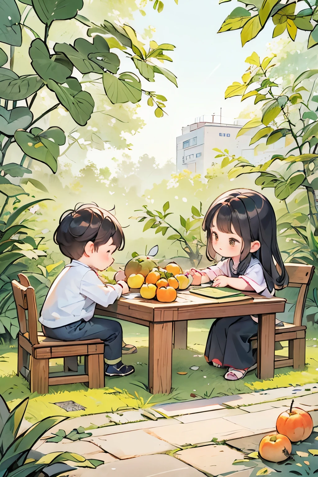 High definition and perfect picture quality,masterpiece,quadrangle courtyard,loquat trees full of loquats,sunlight falling through the leaves (a ********** and a ***********),wooden table and chair,with a pile of loquat fruits on the table,basking in the sun for leisure and visual pleasure. Warm visuals,childhood memories,children's illustration books,perfect composition, A ink painting of a tranquil orchard with Chinese writing on it and a pair of birds building their nest, with a fruit-laden branch in the foreground, An Zhengwen, organic painting, a minimalist painting, art  and  language, ink and wash,