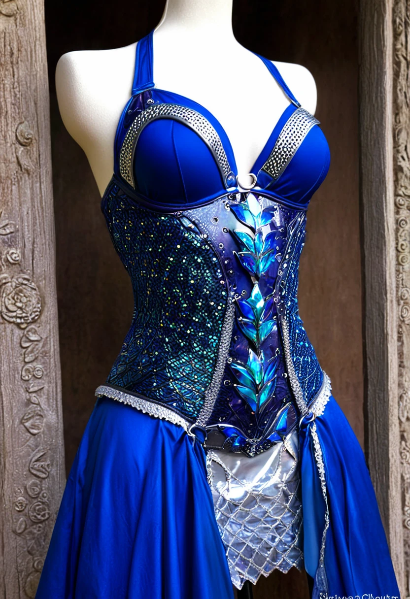 Close-up of a mannequin in a blue dress, Decorative dark blue clothing, Outfit with blue accents, Fantasy Costume, Blue decoration, Shamanic dark blue clothes, Blue and silver, Fantasy Dress, Glamorous bikini armor, Silver and blue colors, Bladed Wing Lacewear, Fantasy Clothing, Blue and silver colors, Fantasy style clothing, Rave Costume