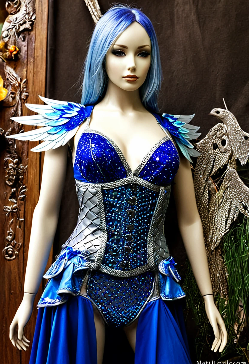 Close-up of a mannequin in a blue dress, Decorative dark blue clothing, Outfit with blue accents, Fantasy Costume, Blue decoration, Shamanic dark blue clothes, Blue and silver, Fantasy Dress, Glamorous bikini armor, Silver and blue colors, Bladed Wing Lacewear, Fantasy Clothing, Blue and silver colors, Fantasy style clothing, Rave Costume