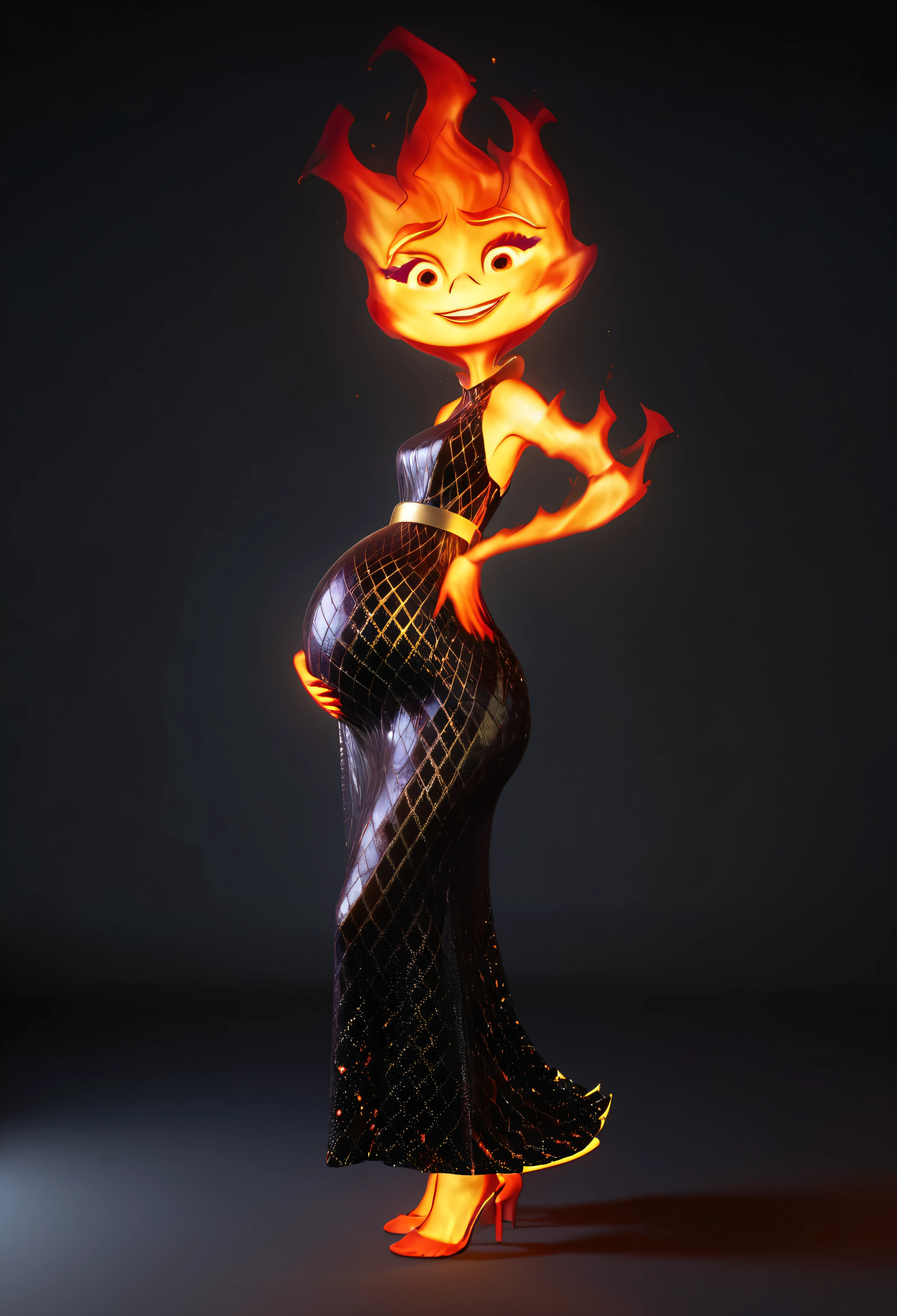 character concept art, ember lumen is pregnant, short height ember lumen, small character, ember lumen stands sideways to the view, pregnant belly in dress, happy face, view from the side, fire girl ember lumen, black plain background, masterpiece vfx, perfect 3d render, octane 3d render, cinematic cgi