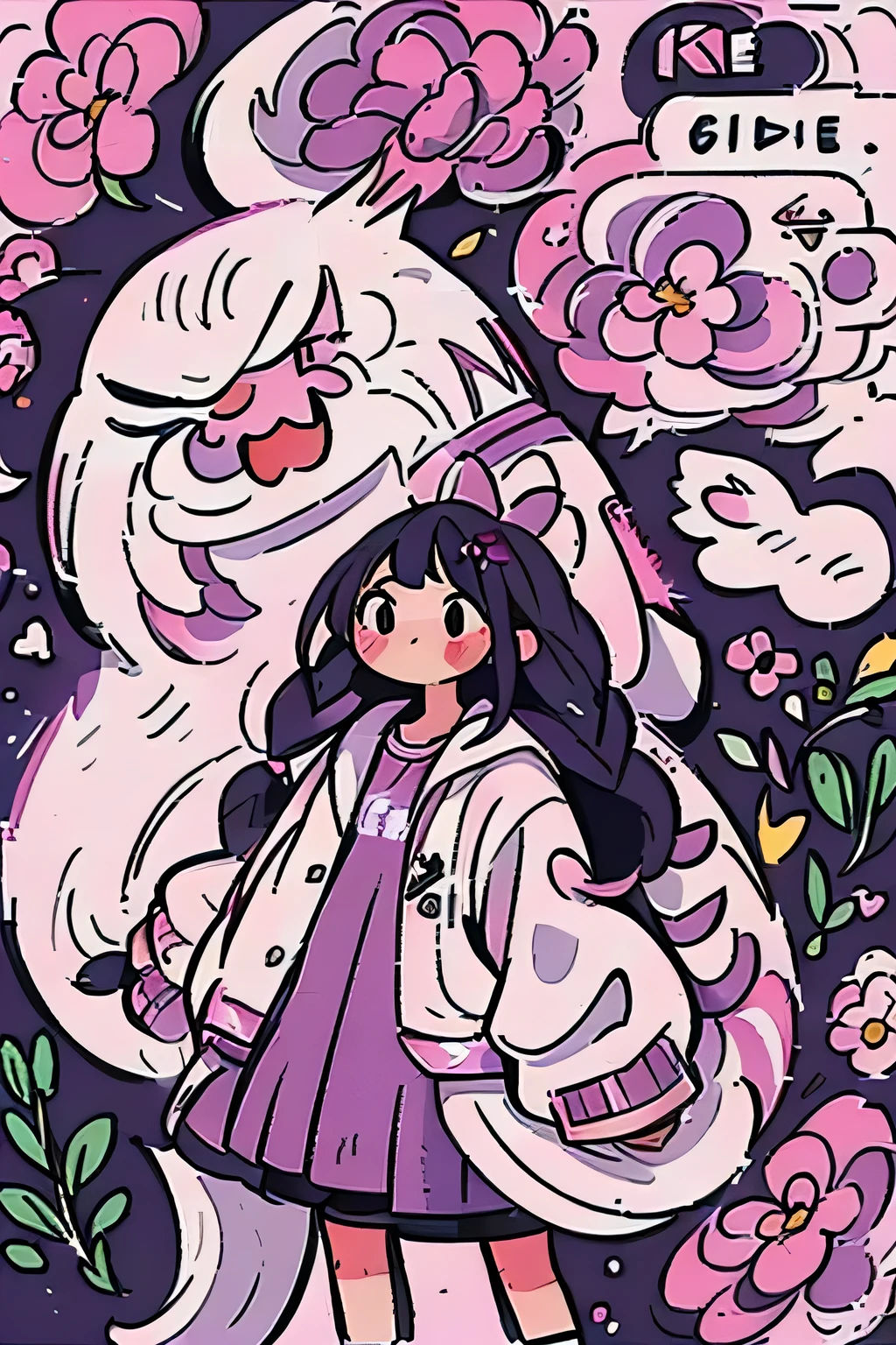 A poster,A girl,A young girl wearing a purple and white dress,Wearing a braid,visual impact,Second Dimension,Gentle wind,Black hair,Pink cherry blossoms,avatar,Simple white background,Photo Booth