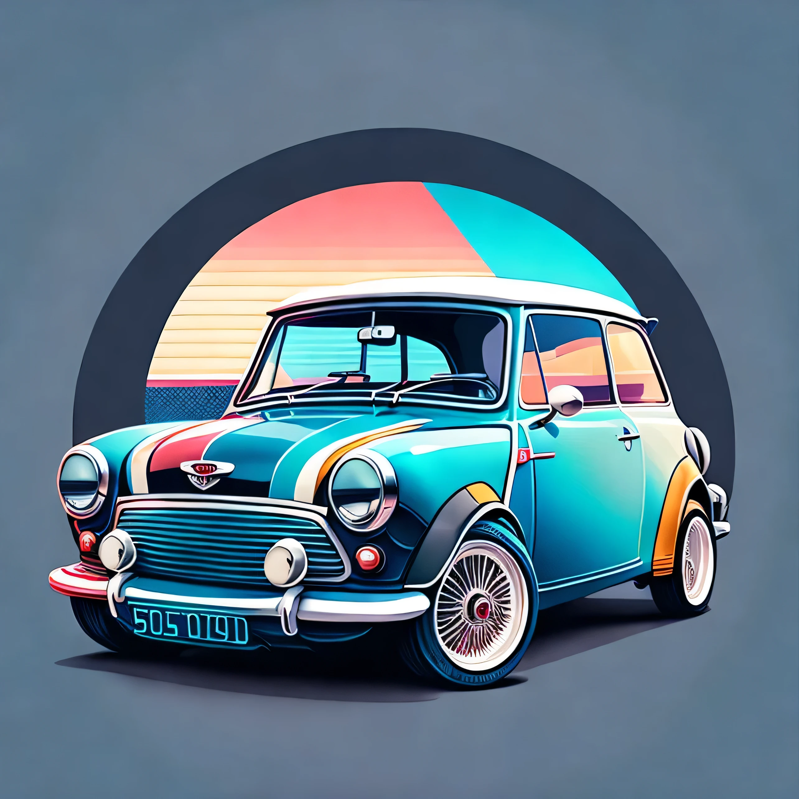 Artwork for t-shirt graphic design, a modern graphic design, classic Mini Cooper S , street, bold b;lue colour, background in vintage pastel tone, highly detailed clean, vector image, realistic masterpiece, professional photography, realistic car, car sunrise background, flat black background, isometric, vibrant vector